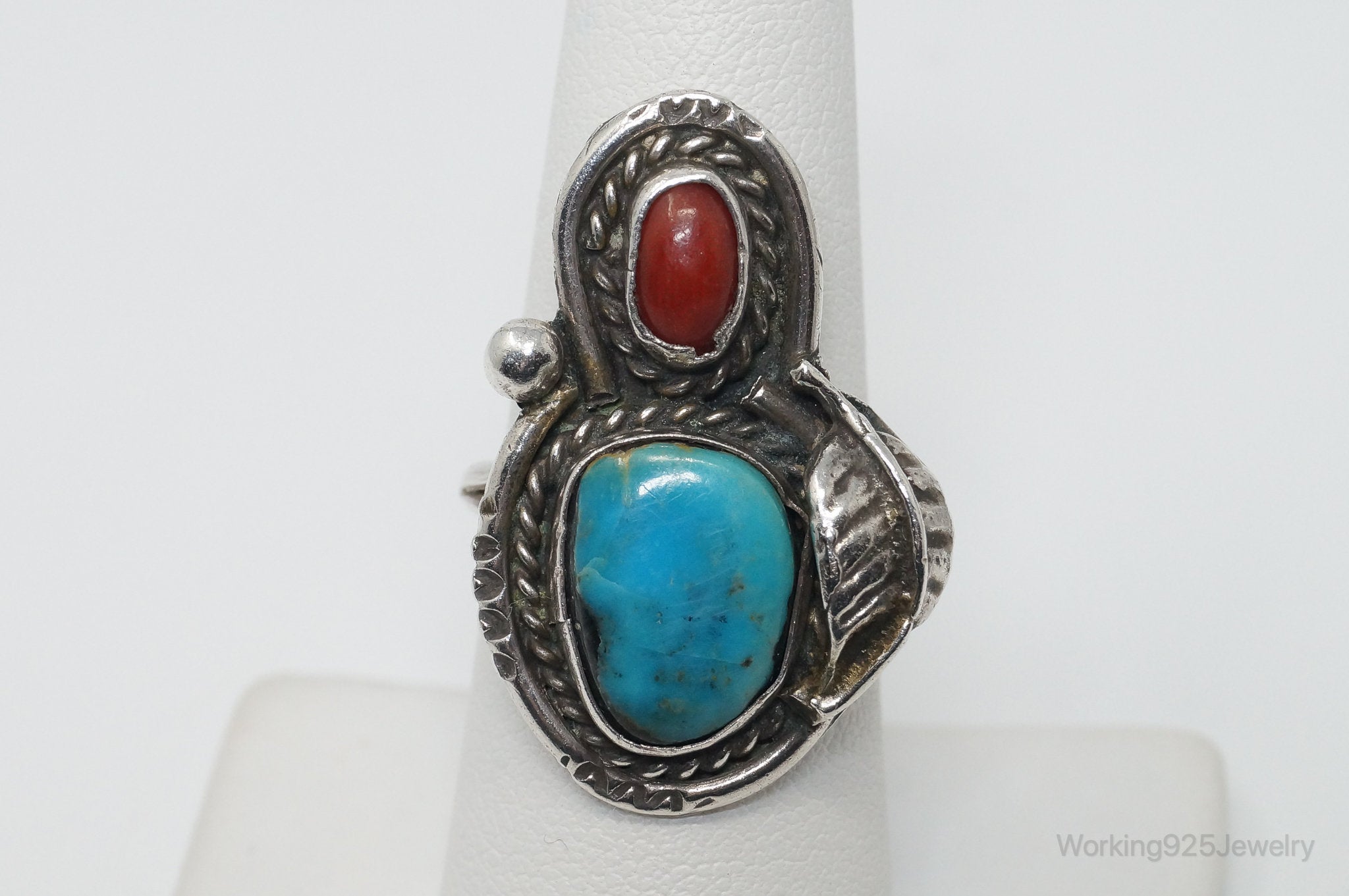 Vintage Handmade Native American Turquoise Coral Sterling Silver Ring - SZ 7.25