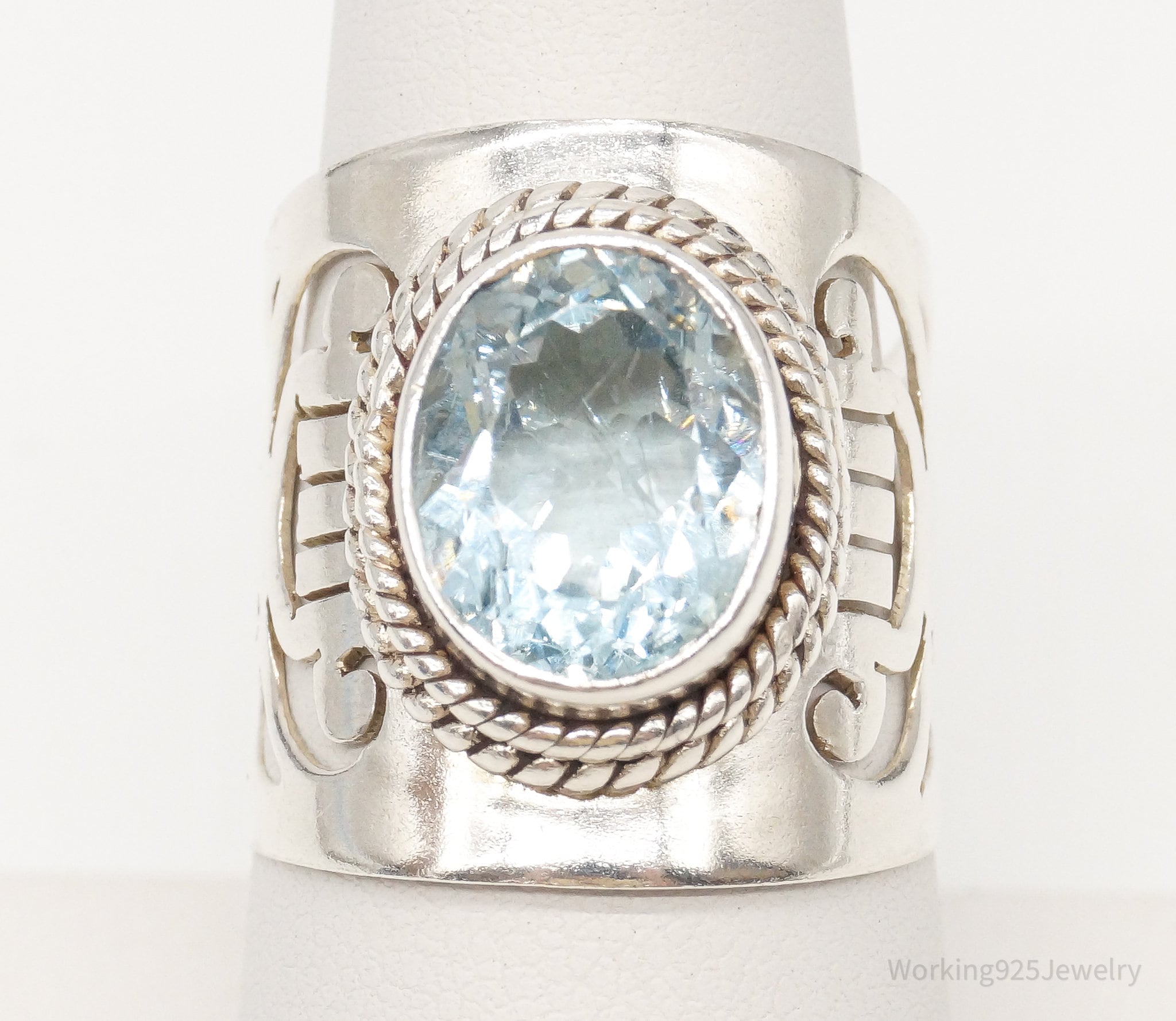 Vintage Large Blue Topaz Sterling Silver Ring - Size 8.25