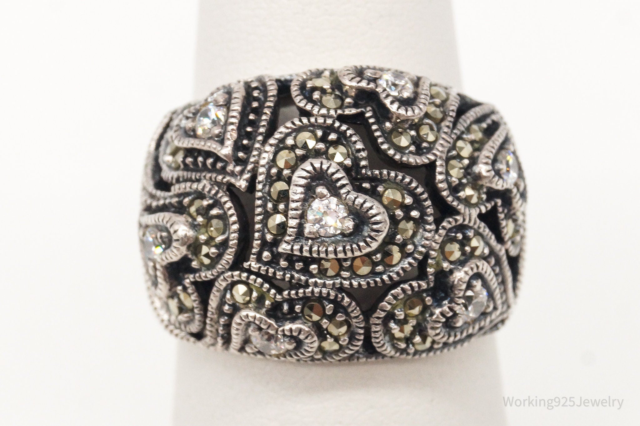 Vintage Judith Jack Cubic Zirconia Marcasite Sterling Silver Ring - Size 6.25