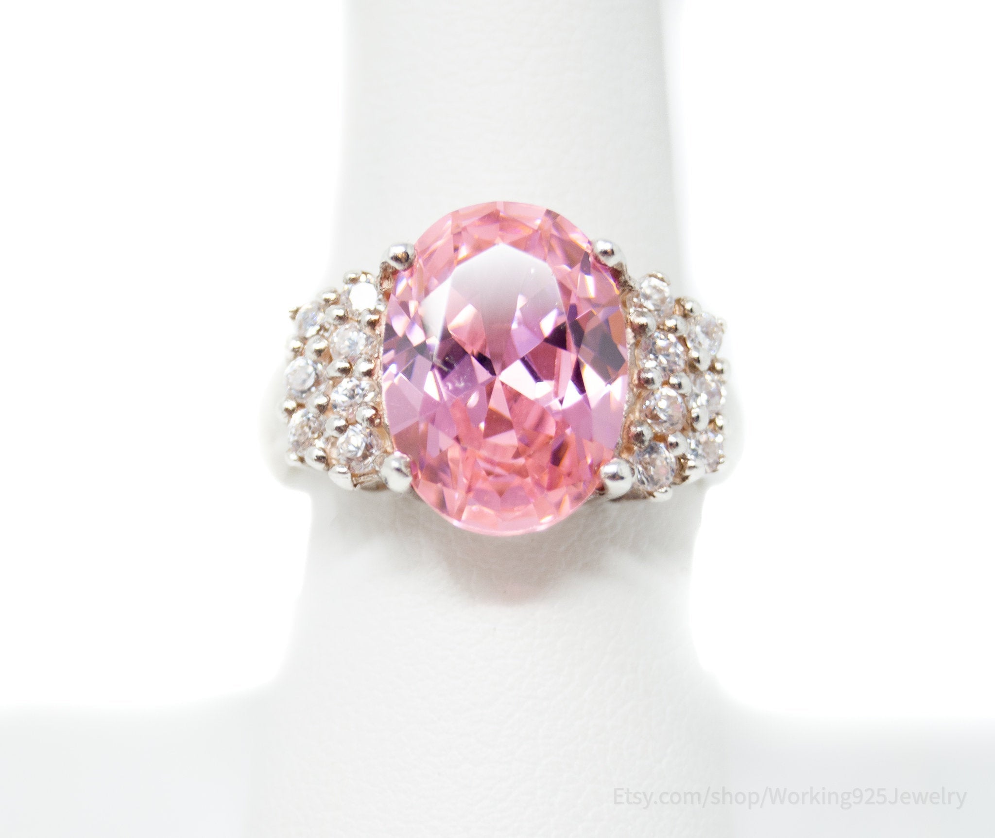 Vintage Art Deco Style Pink Topaz Cz Statement Ring Sterling Silver - Size 7.5