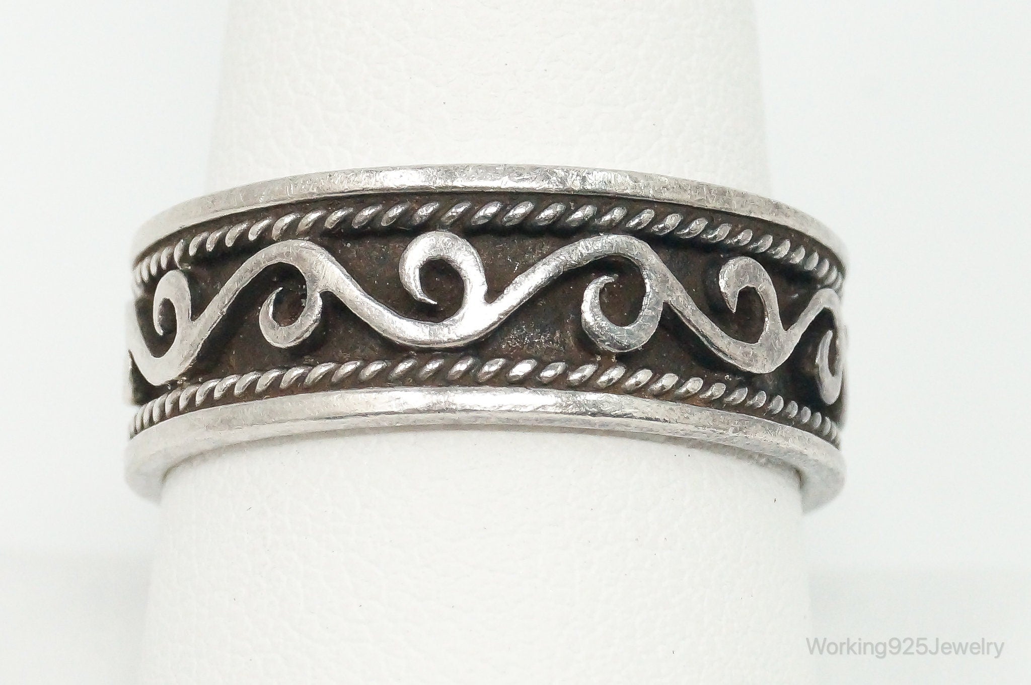 Vintage Bali Style Scroll Swirls Sterling Silver Band Ring - Size 8