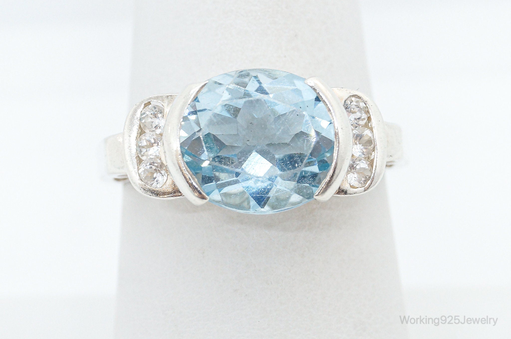 Vintage Blue Topaz Cubic Zirconia Sterling Silver Ring - Size 7.25