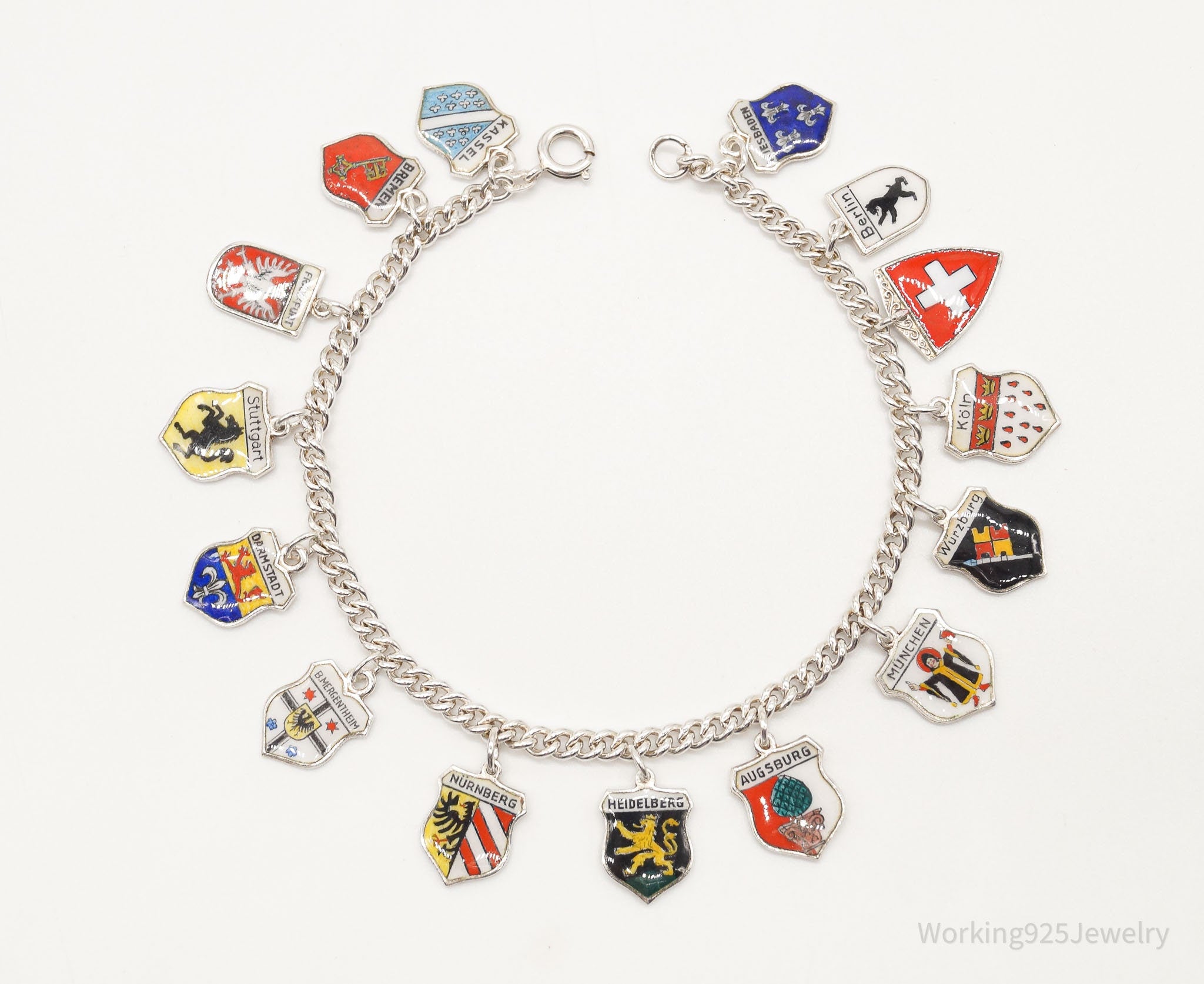 Antique Vintage Enamel Travel 800 / 835 Silver Charms Silver Bracelet