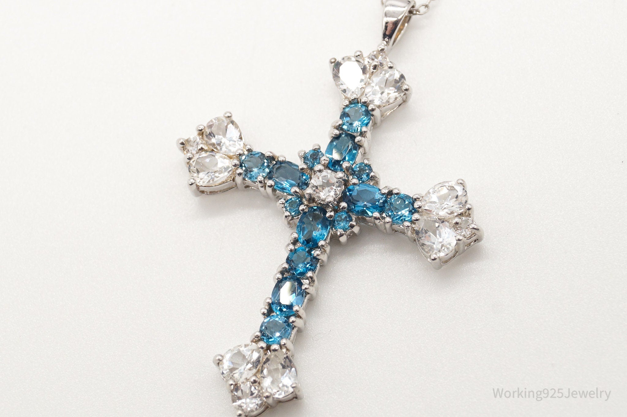 Vintage Blue Topaz Cubic Zirconia Cross Sterling Silver Necklace