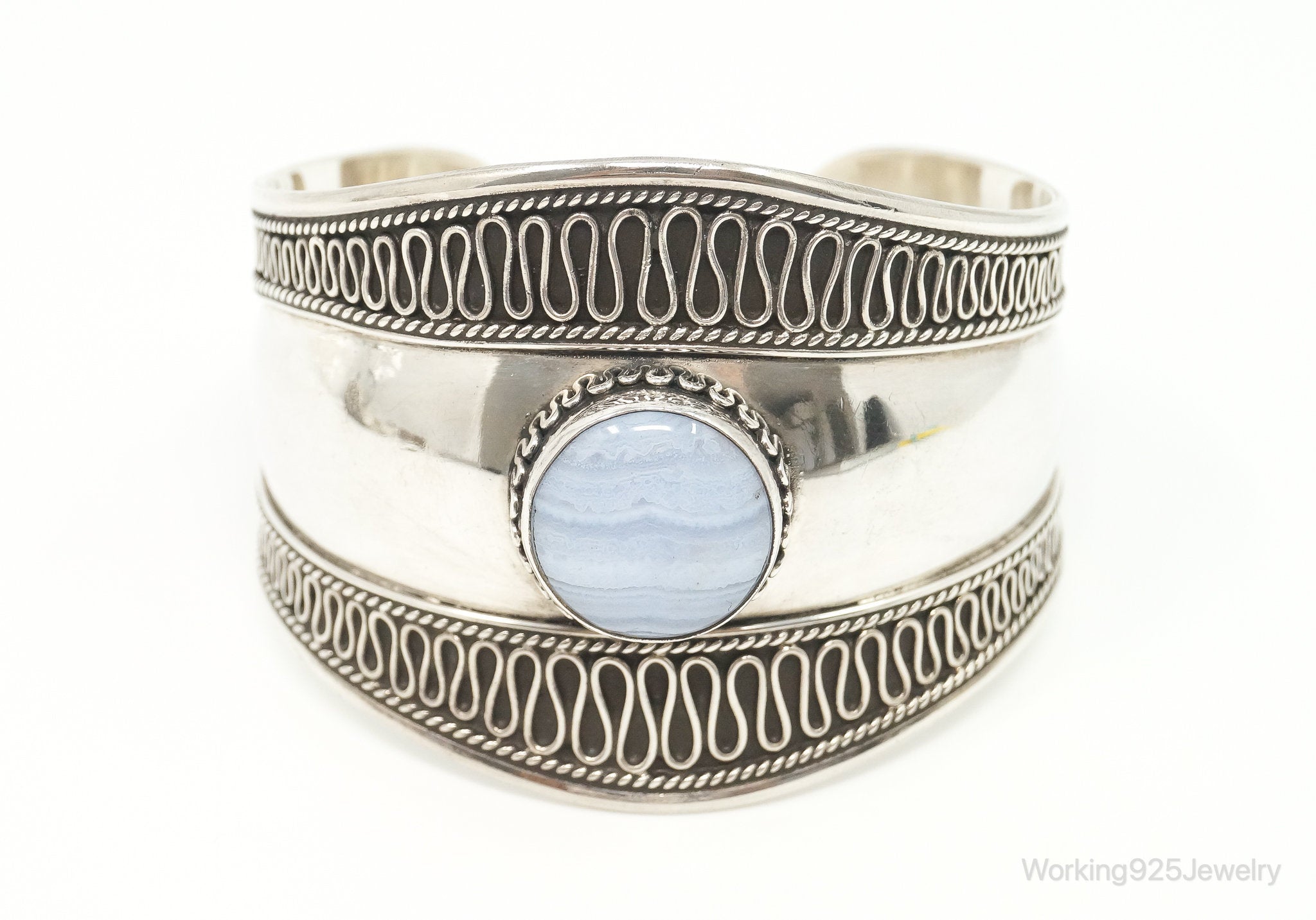 Designer BA Suarti Blue Lace Agate Bali Sterling Silver Cuff Bracelets