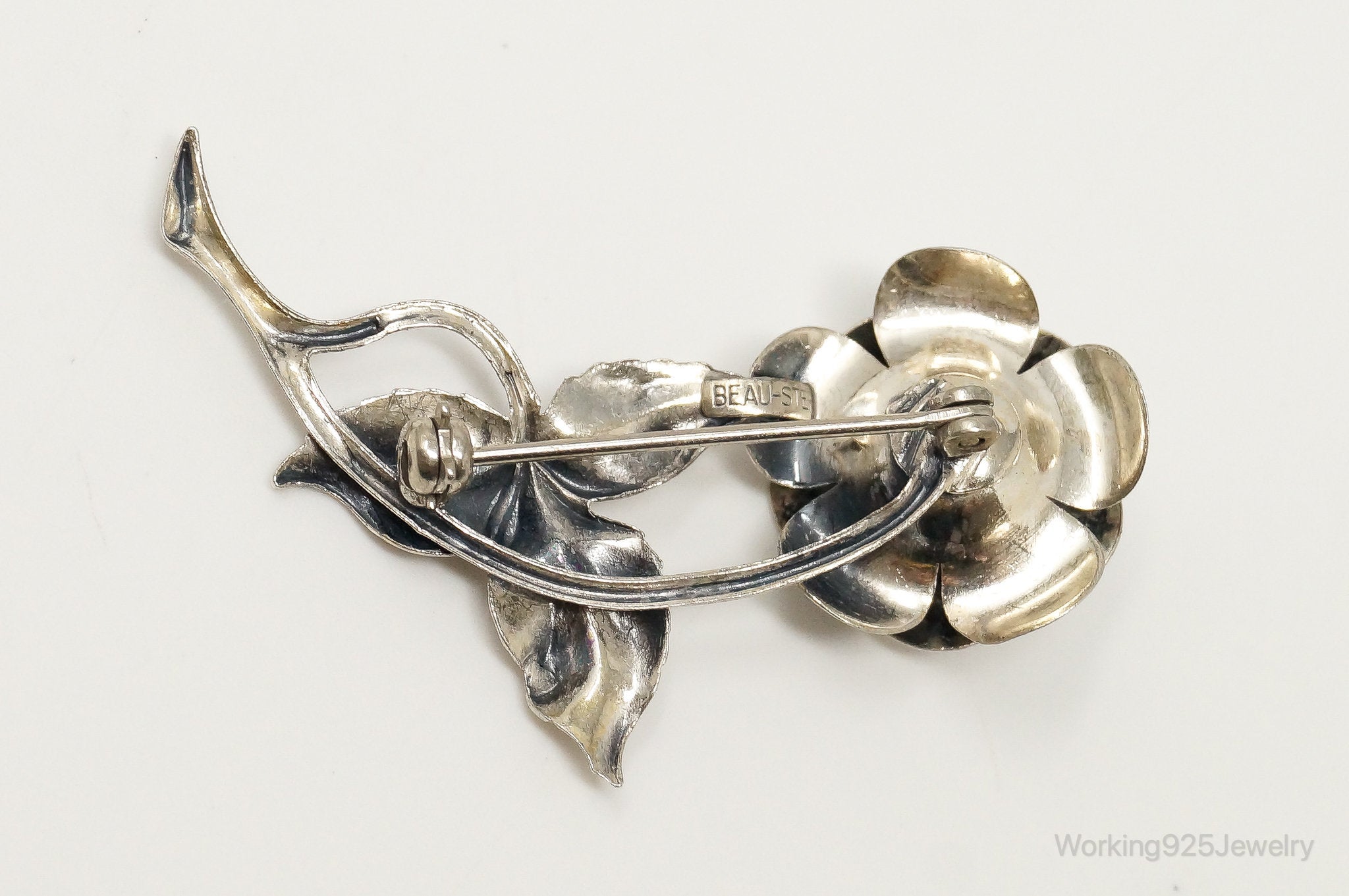 Vintage Designer Beau Rose Sterling Silver Brooch Pin