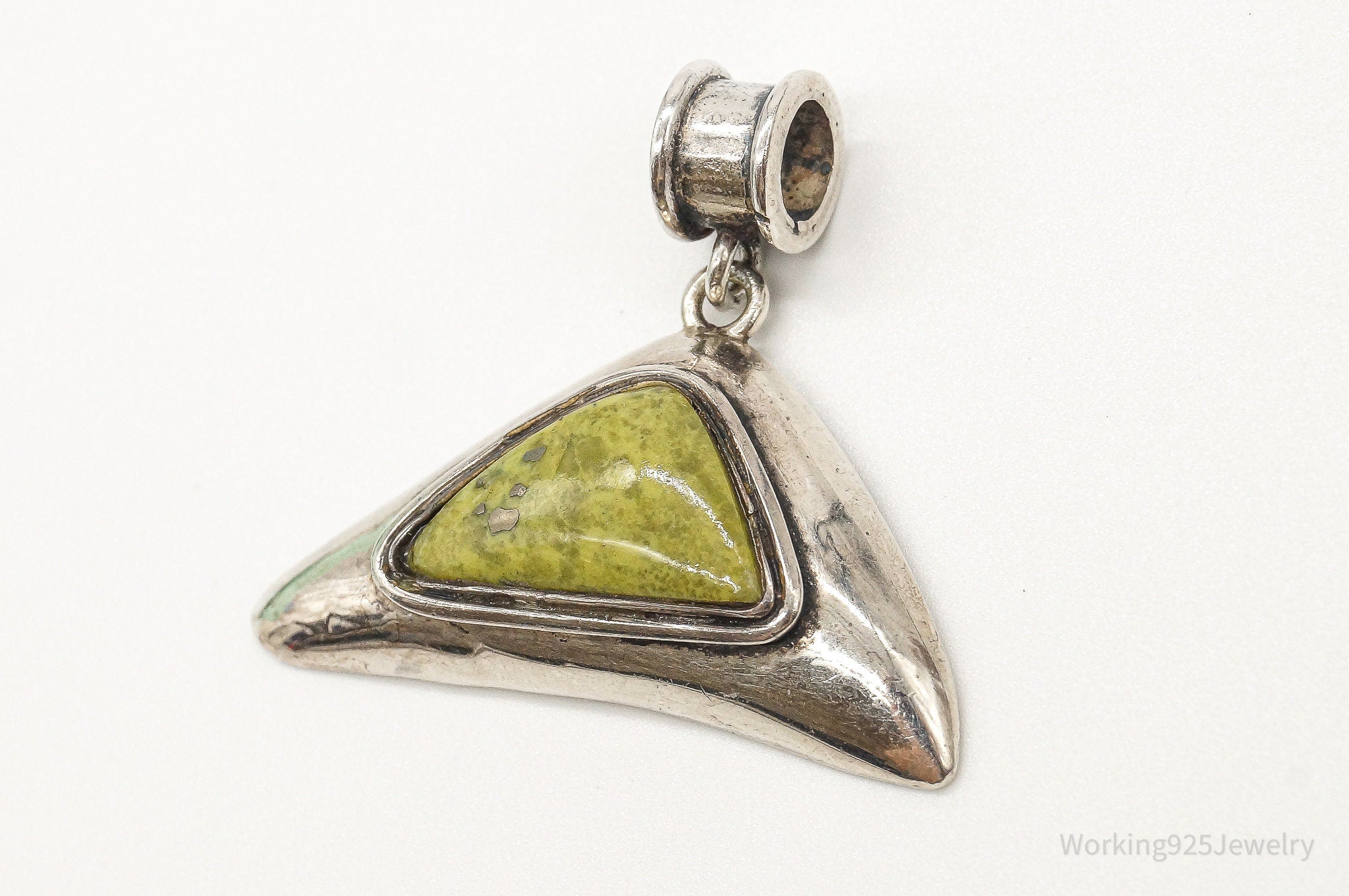 Vintage Green Gemstone Modernist Sterling Silver Necklace Pendant