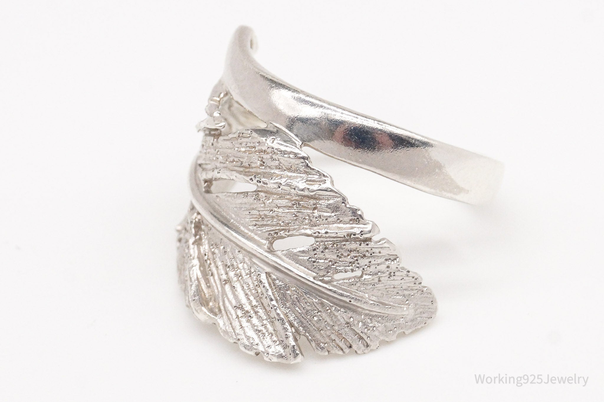 Vintage Italian Designer RCI Leaf Feather Sterling Silver Ring - Size 7.5