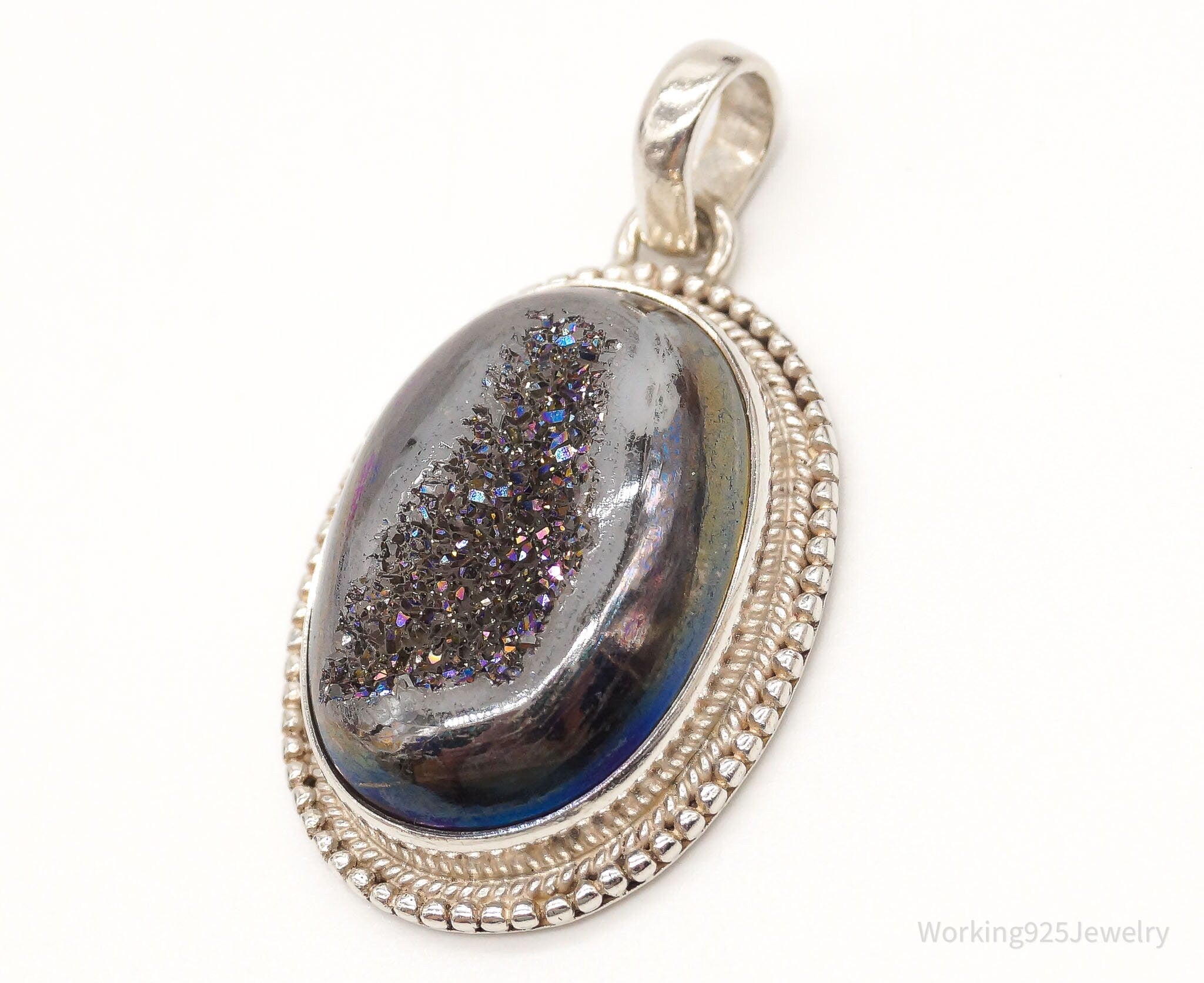 Vintage Large Druzy Quartz Sterling Silver Necklace Pendant