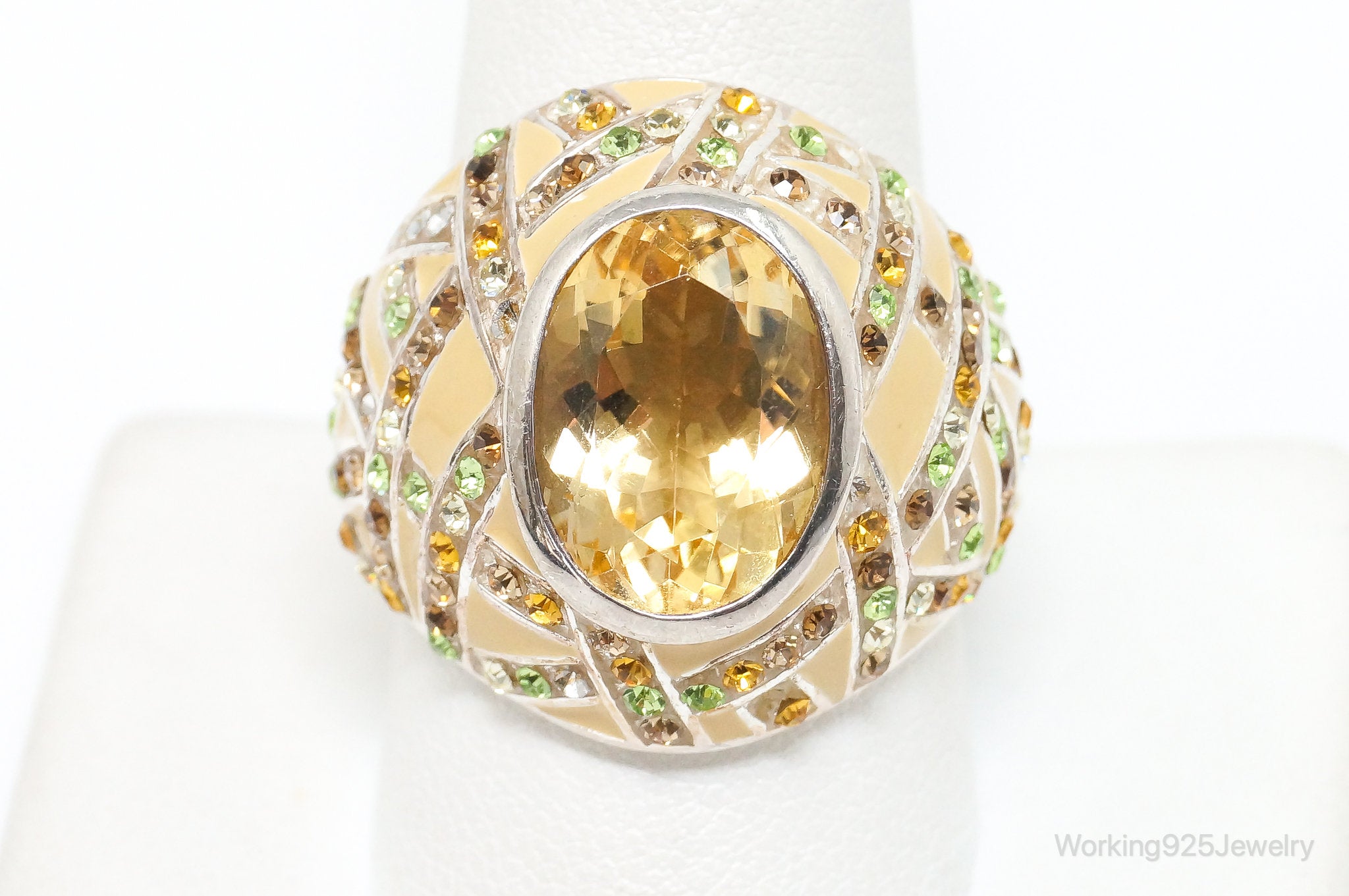 Vintage Designer Citrine Crystal Accented Sterling Silver Statement Ring SZ 10