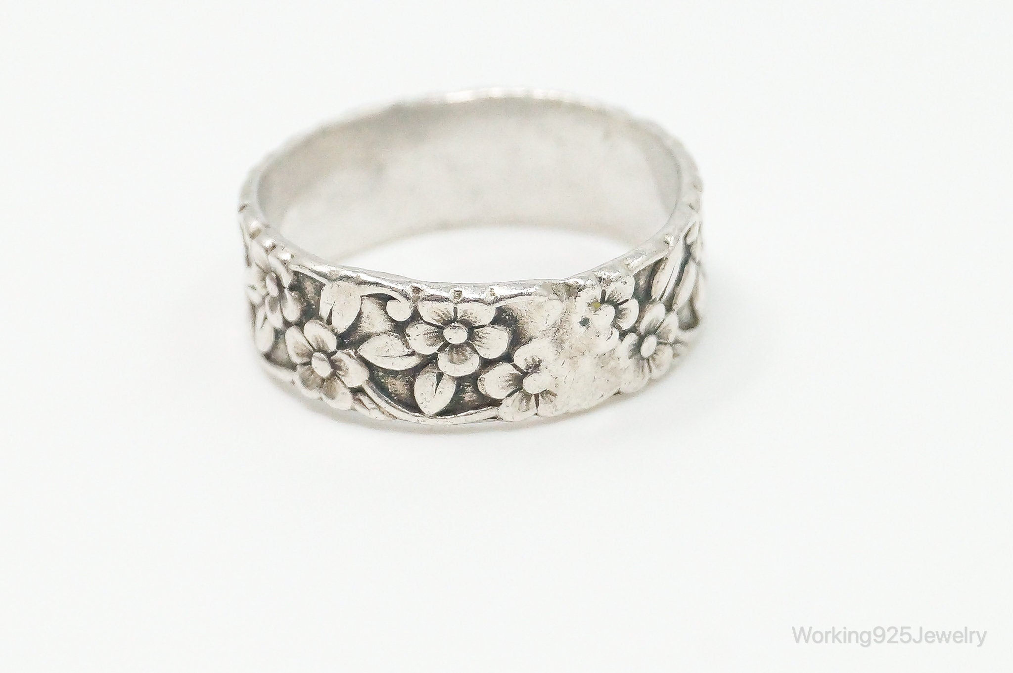 Antique Flowers Sterling Silver Band Ring - Size 6