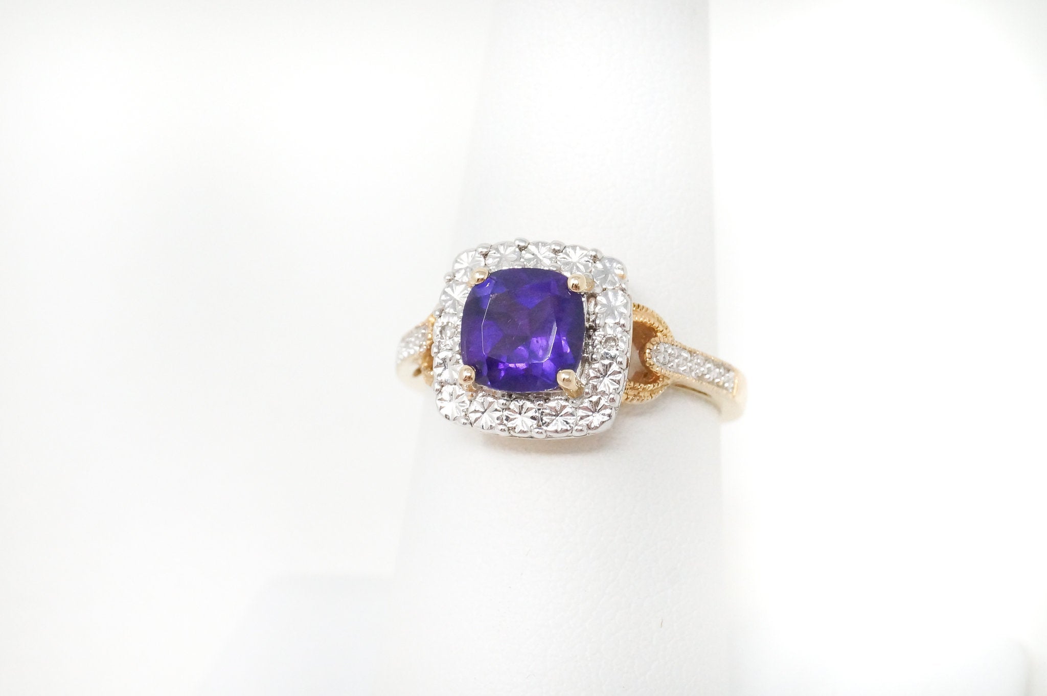 Vintage Amethyst Two Diamond Gold Vermeil Sterling Silver Ring - Sz 7