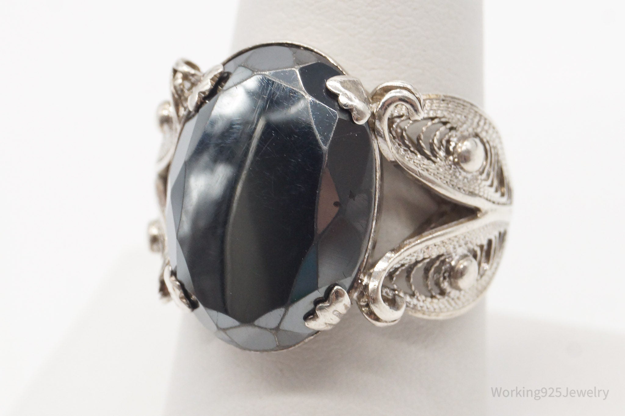 Antique Hematite Filigree Silver Ring - Size 7.25