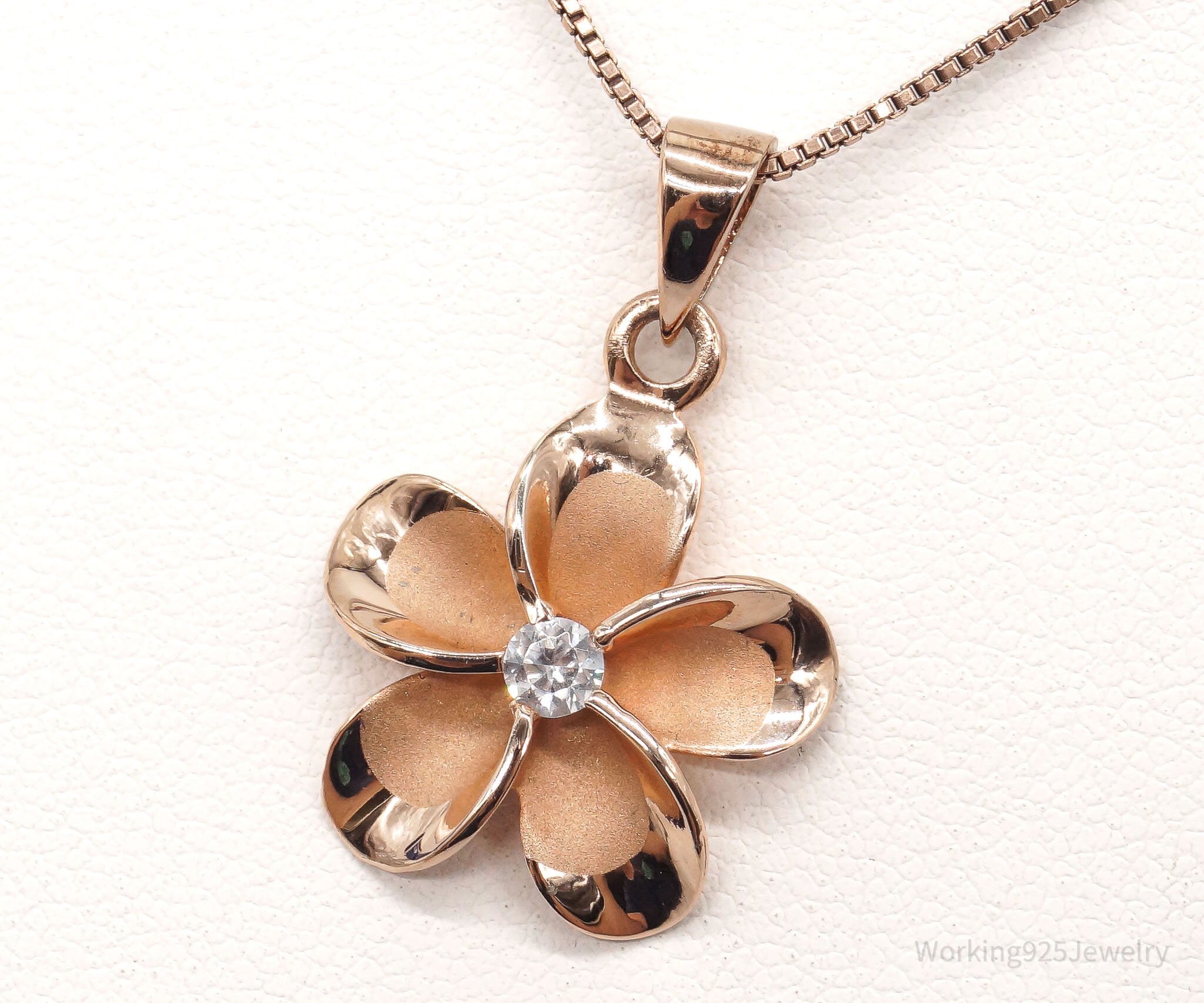 Vintage Cubic Zirconia Rose Gold Vermeil Sterling Silver Flower Necklace