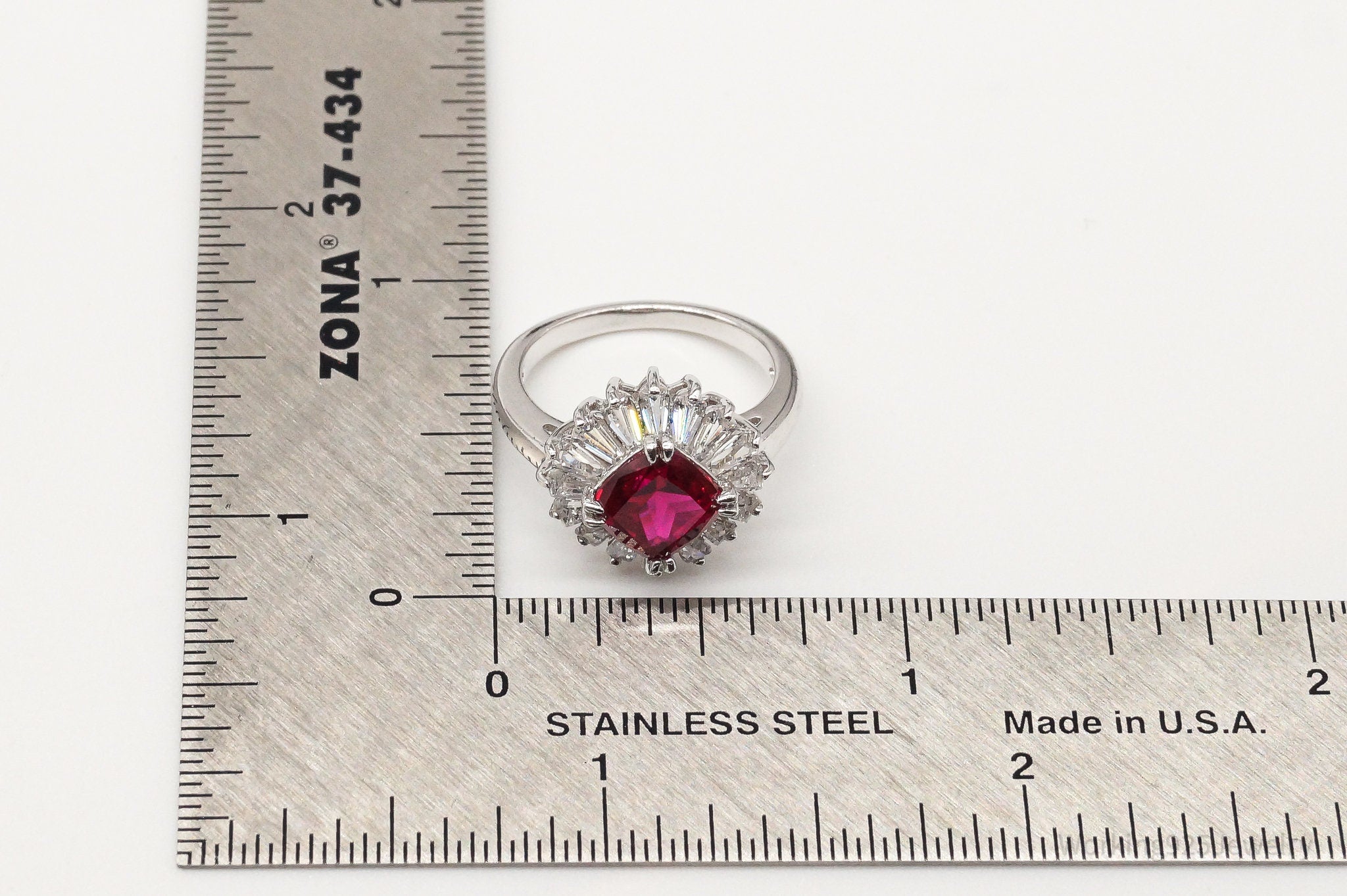 Vintage Lab Ruby Cubic Zirconia Platinum Clad Sterling Silver Ring - Size 5