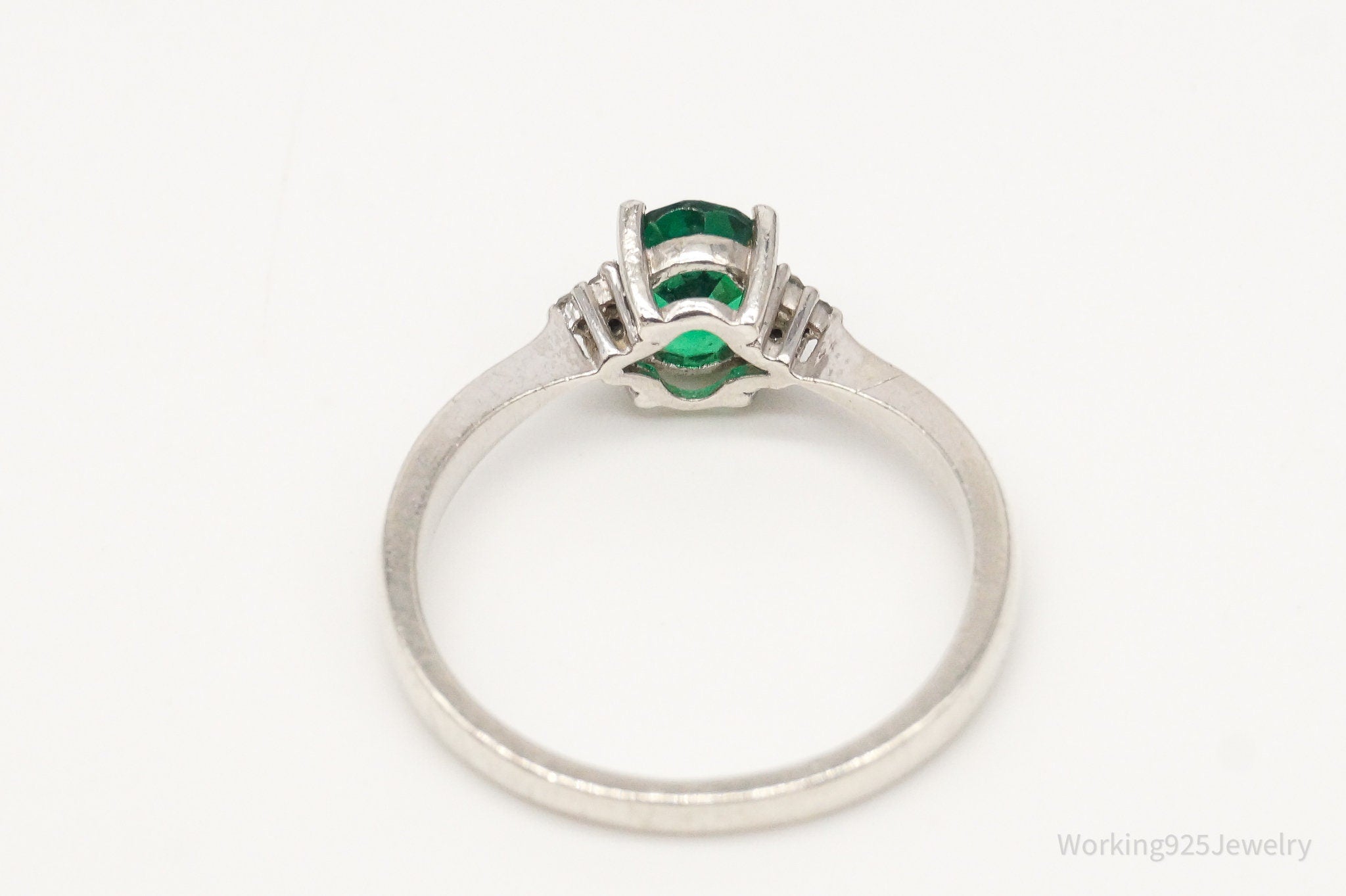 Vintage Lab Emerald Diamond Sterling Silver Ring Size 7.25