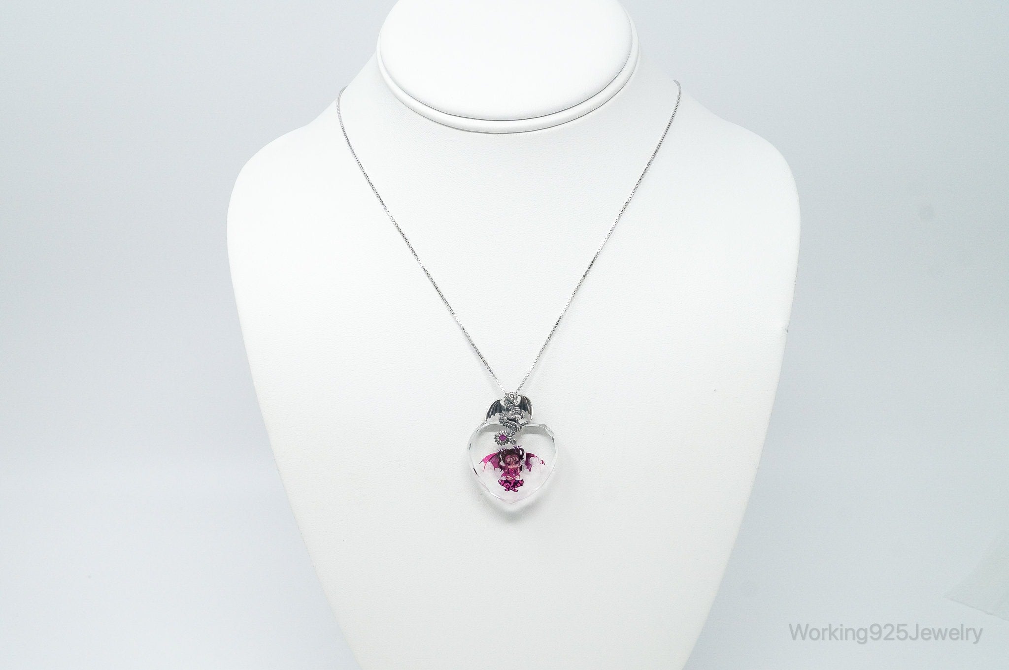 Designer Bradford Exchange Ruby Dragon Large Heart Crystal S.Silver Necklace