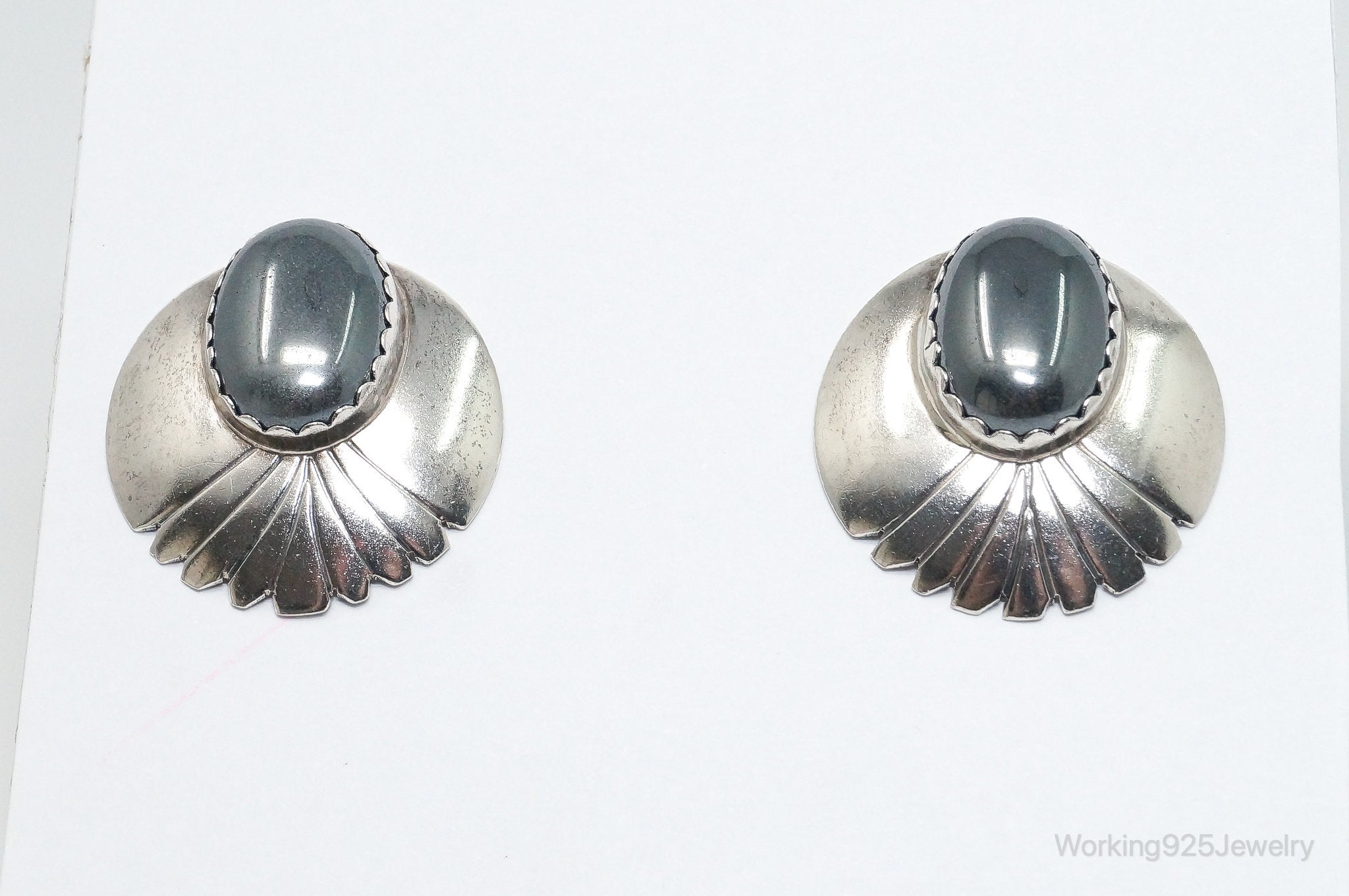 VTG Native American Handmade Fred Peters Hematite Sterling Silver Earrings