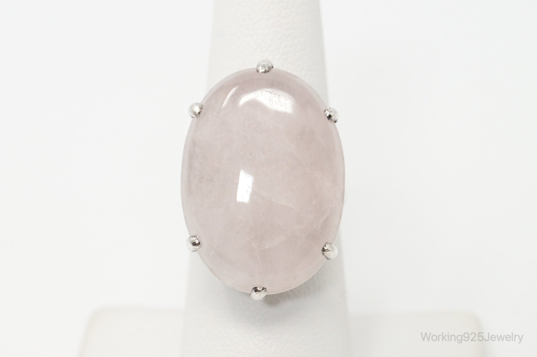 Large Antique Rose Quartz Silver Statement Ring - Size 6.5