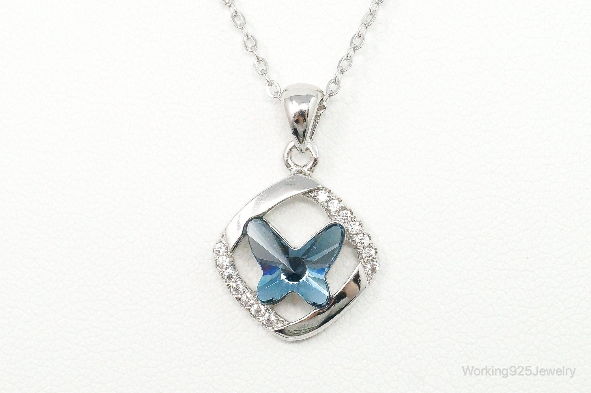 Blue Crystal Cubic Zirconia Butterfly Sterling Silver Necklace