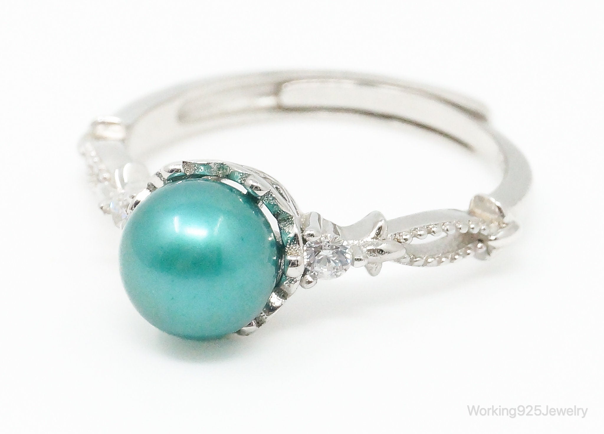 Lab Turquoise Pearl Cubic Zirconia Sterling Silver Ring Size - 6.25 Adjustable