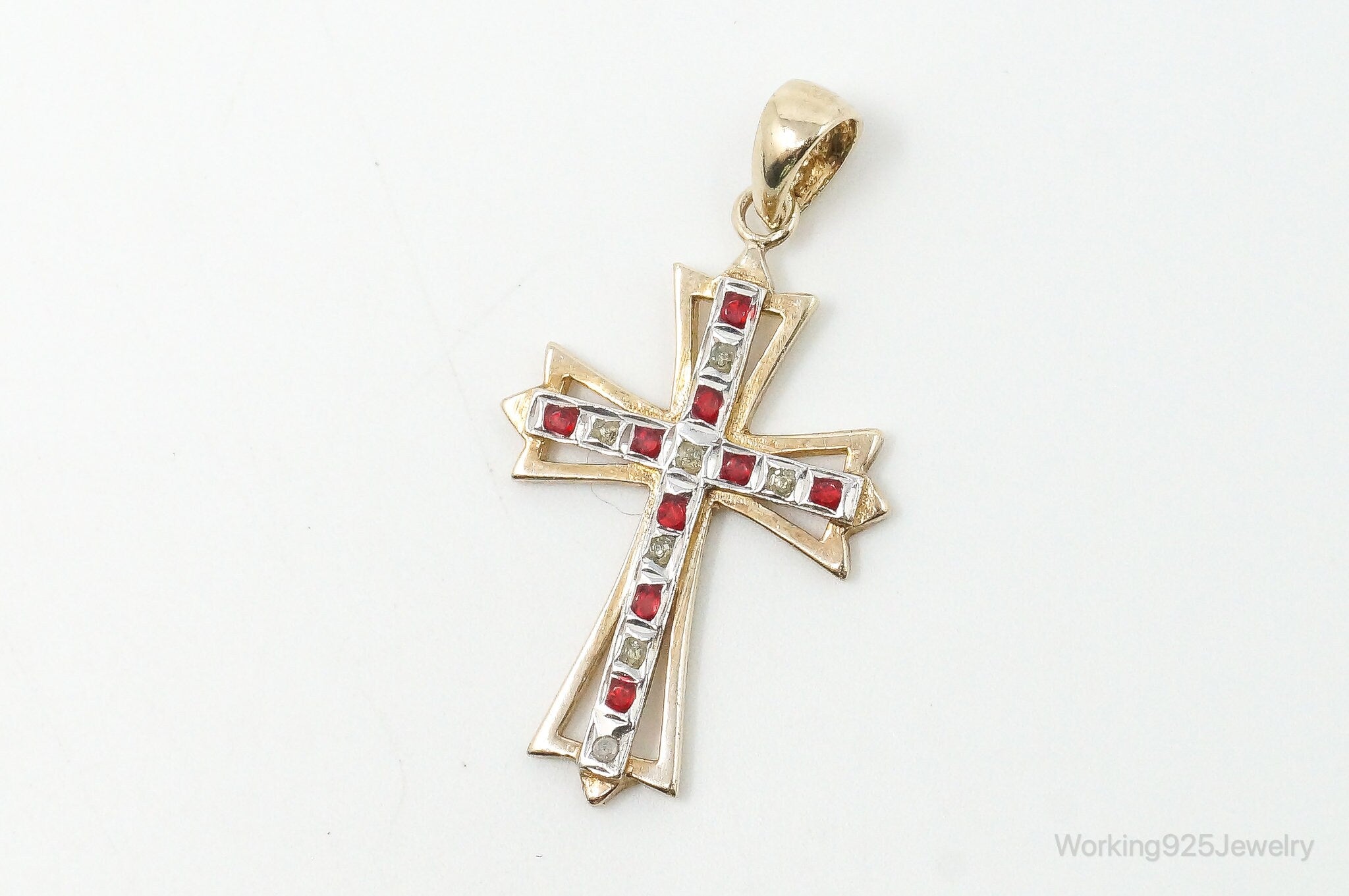 Vintage Designer SLC Ruby Rhinestone Gold Vermeil Cross Sterling Silver Pendant