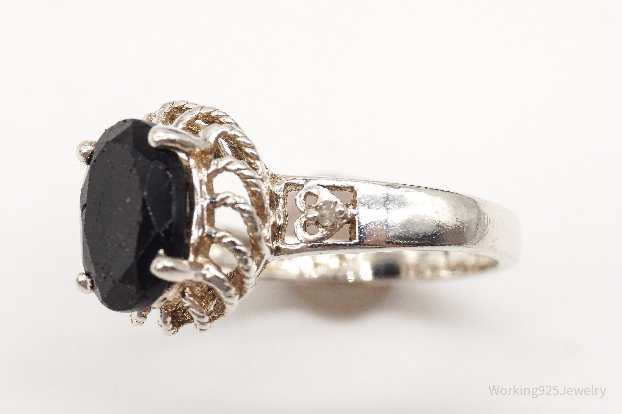 Vintage Black Onyx Diamond Sterling Silver Ring - Size 5