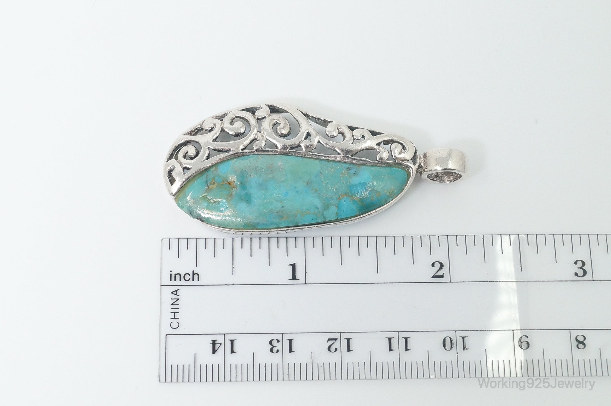 Large Vintage Turquoise Scroll Sterling Silver Southwestern Pendant