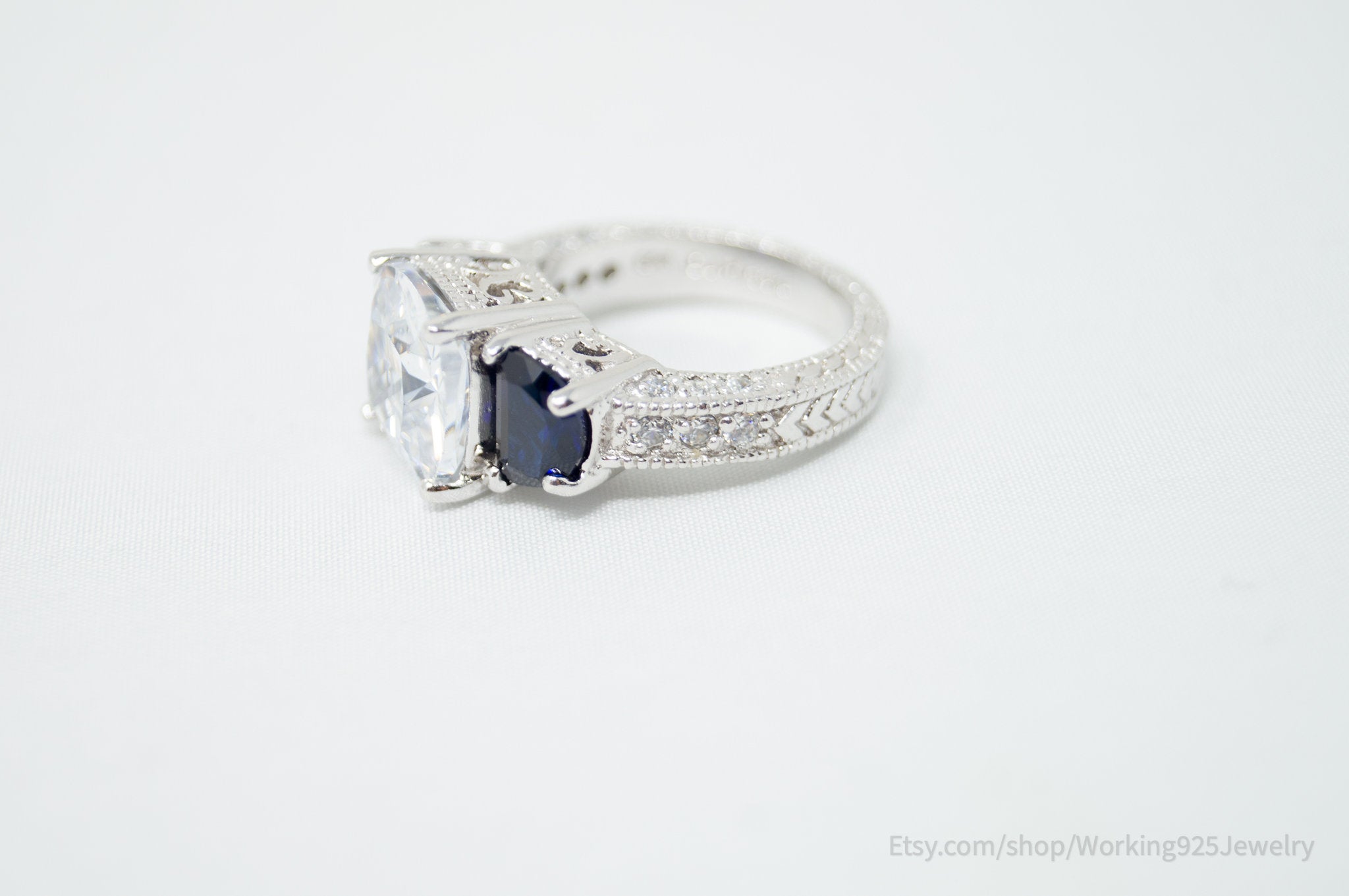 Vintage Designer CJW Art Deco CZ Sapphire Accented Sterling Ring - Size 5