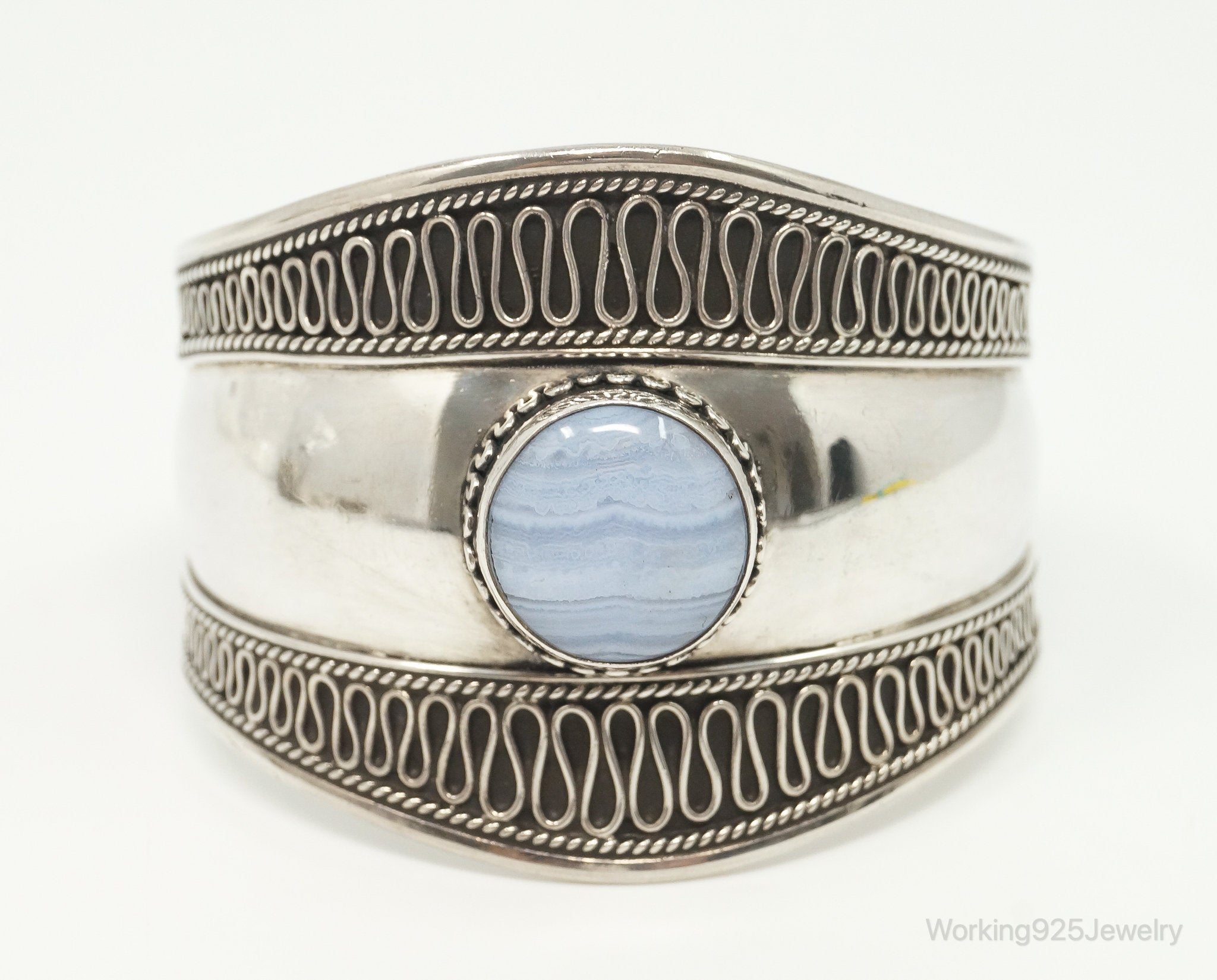 Designer BA Suarti Blue Lace Agate Bali Sterling Silver Cuff Bracelets