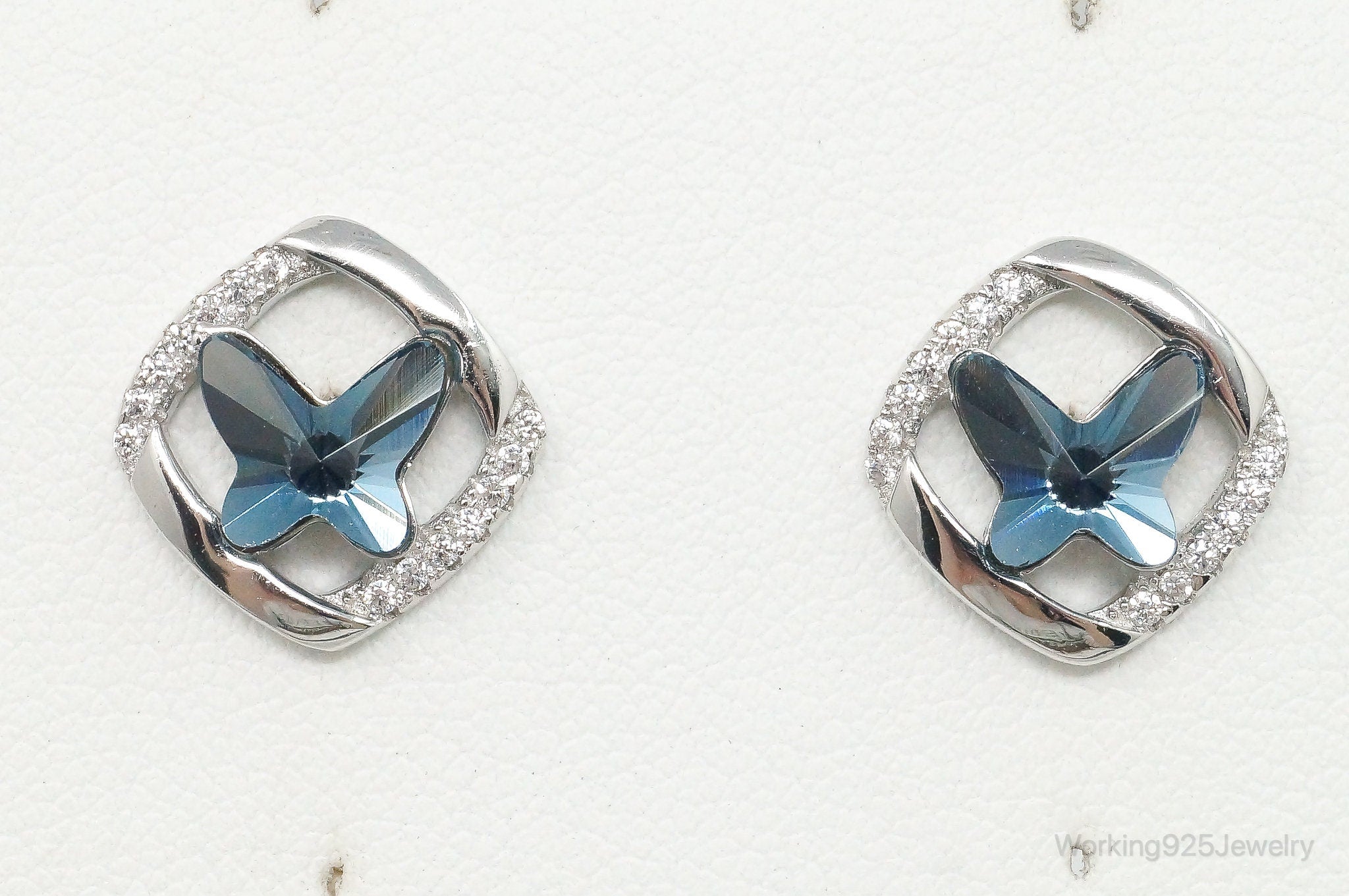 Blue Crystal Cubic Zirconia Butterfly Sterling Silver Earrings