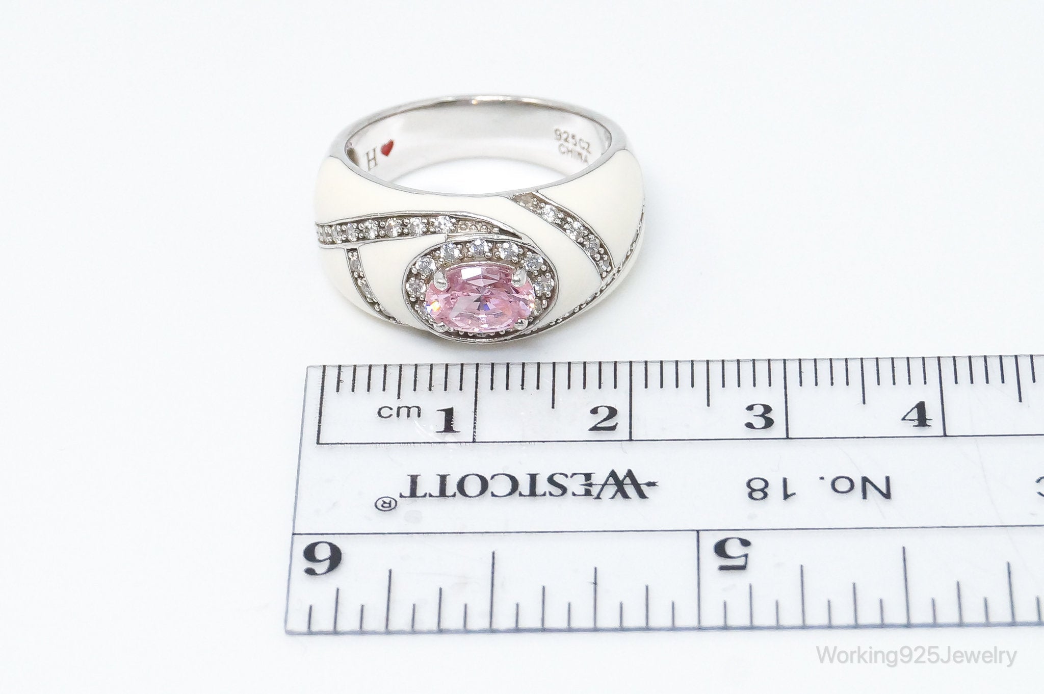 Vintage Designer Pink Cubic Zirconia White Enamel Sterling Silver Ring Sz 7