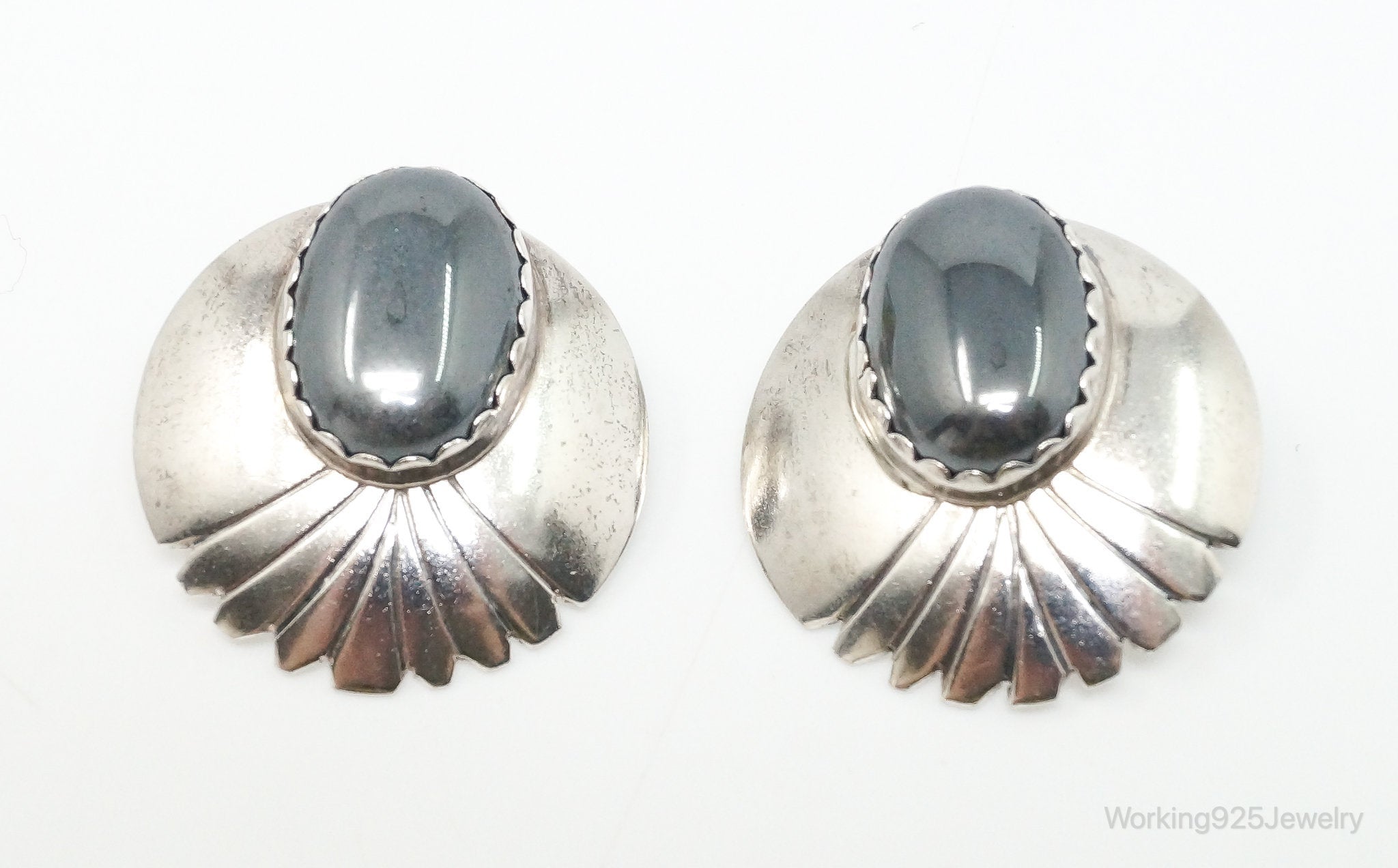 VTG Native American Handmade Fred Peters Hematite Sterling Silver Earrings