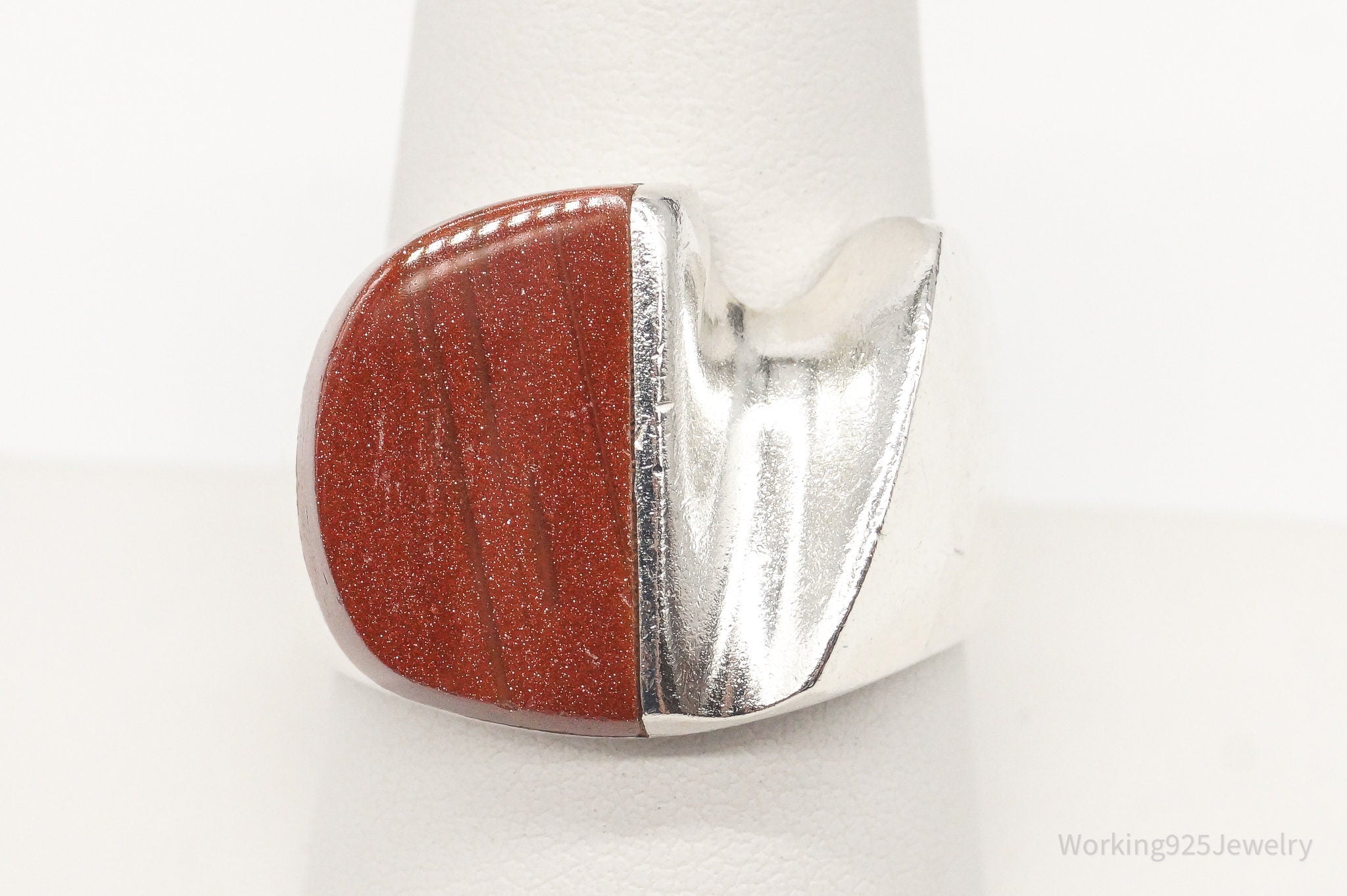 Large Vintage Mexico Goldstone Sterling Silver Ring - Size 9.75