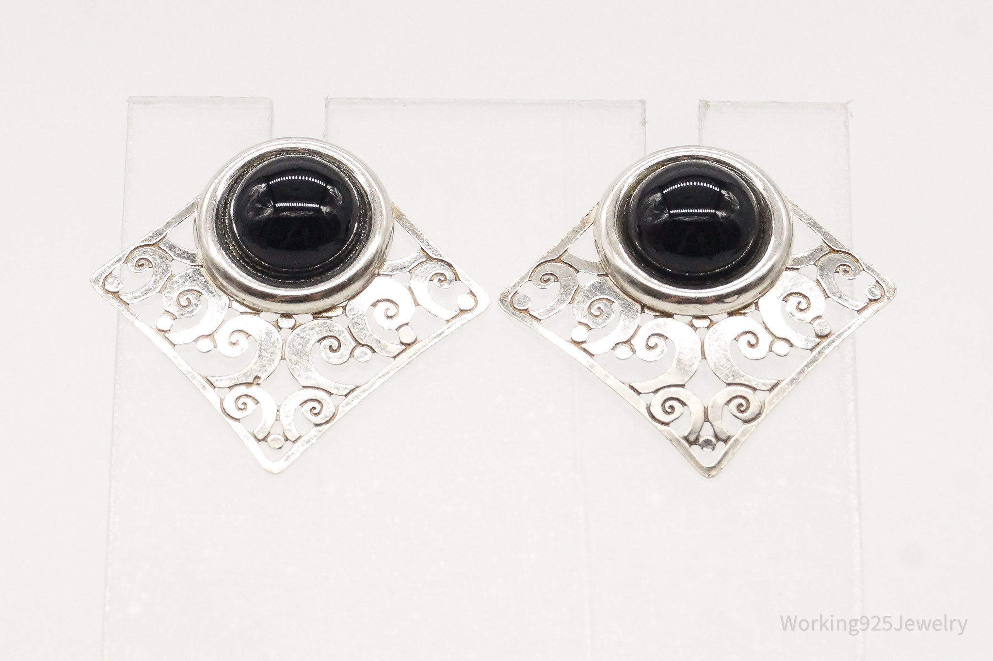 Vintage Black Onyx Filigree Sterling Silver Earrings