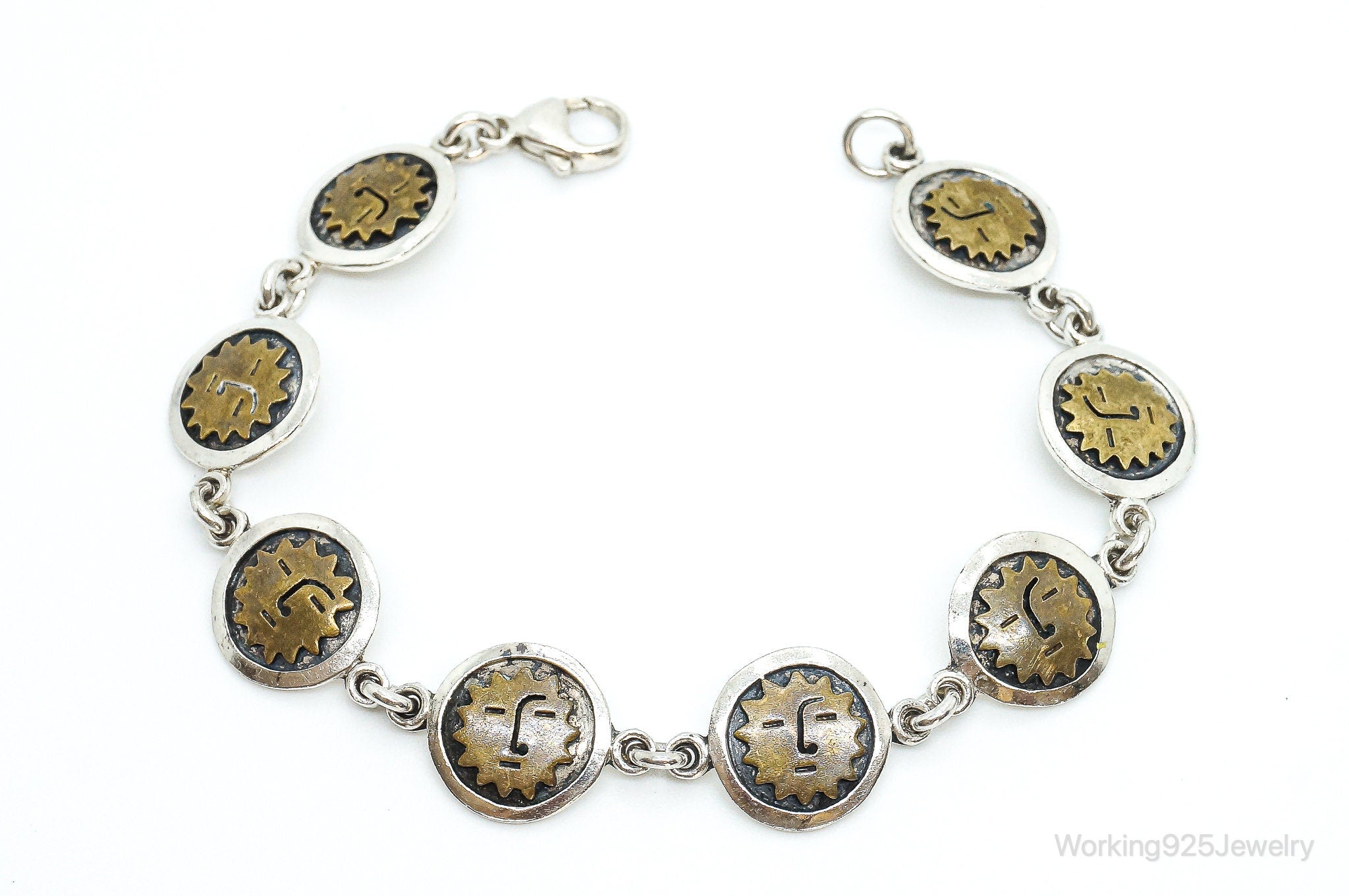 Vintage Designer Sun Faces Brass Sterling Silver Bracelet