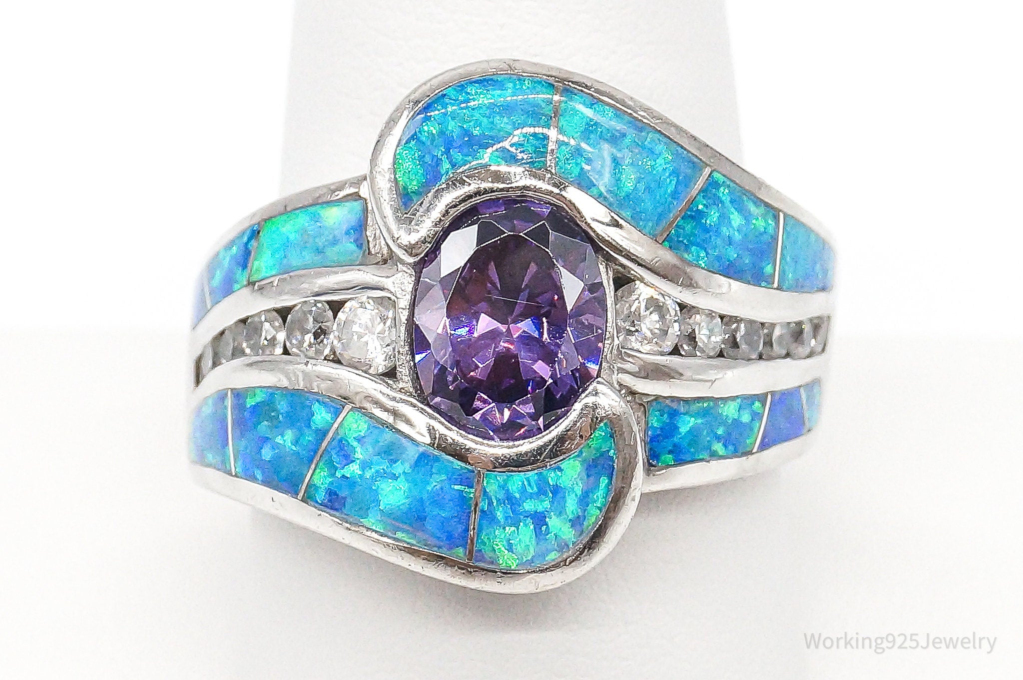 Amethyst Opal Cubic Zirconia Sterling Silver Ring - Size 10.5