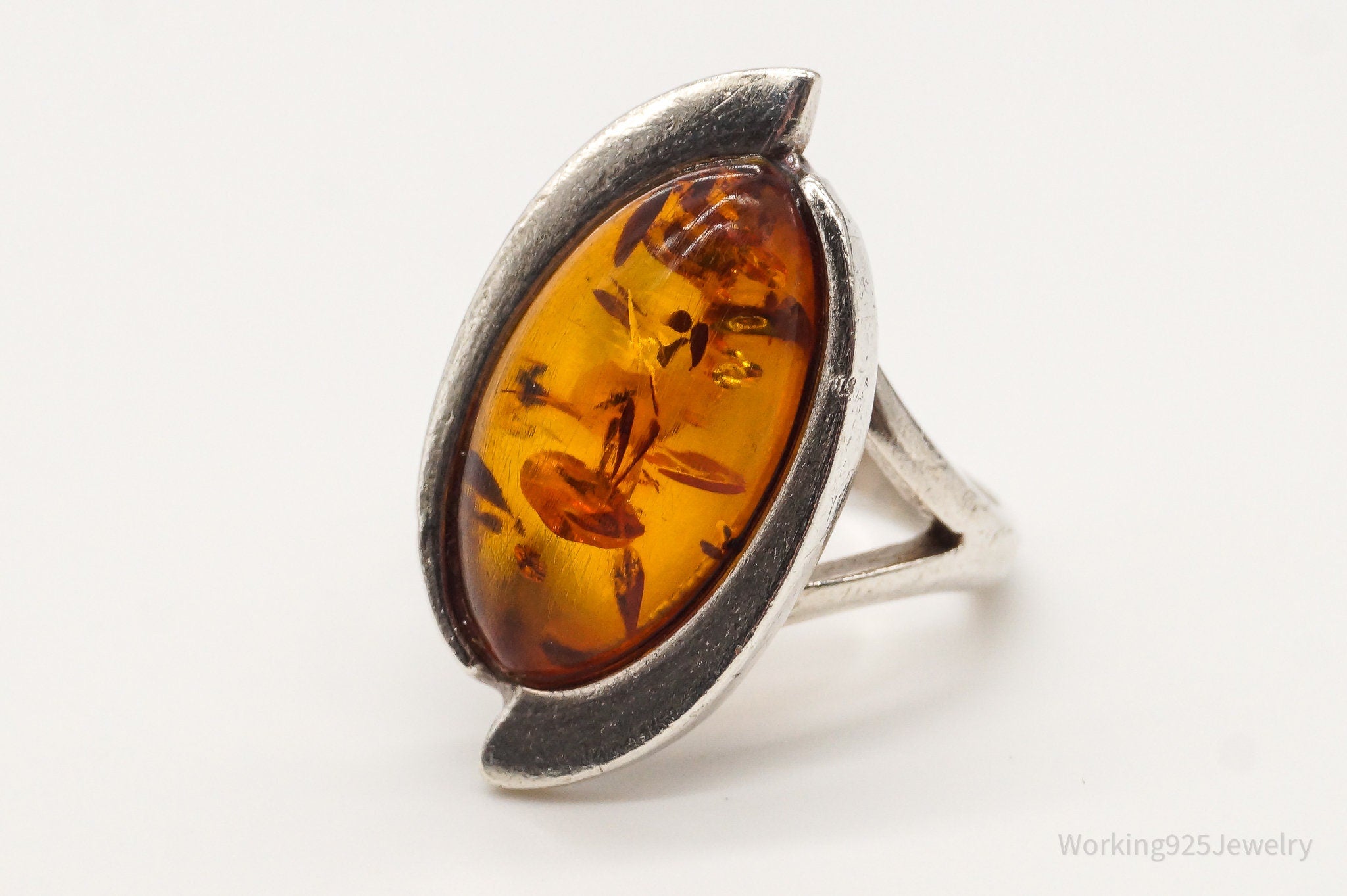 Vintage Baltic Amber Modernist Sterling Silver Ring - Size 6.25