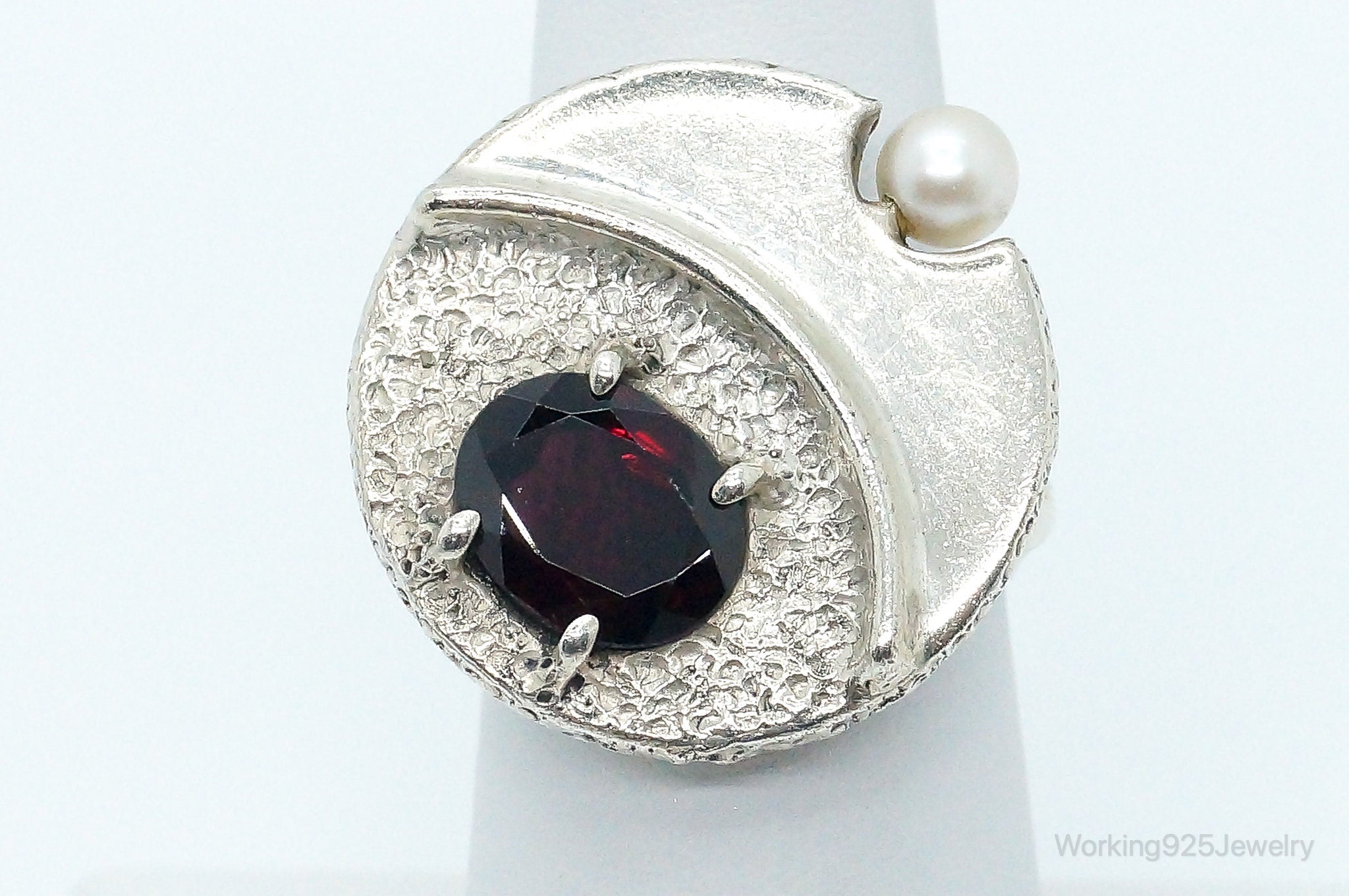 Vintage Garnet Pearl Sterling Silver Ring - Size 6