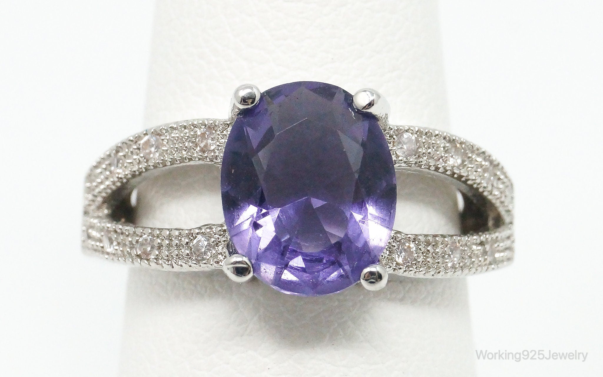 Vintage Amethyst Cubic Zirconia Sterling Silver Ring - Size 6.25