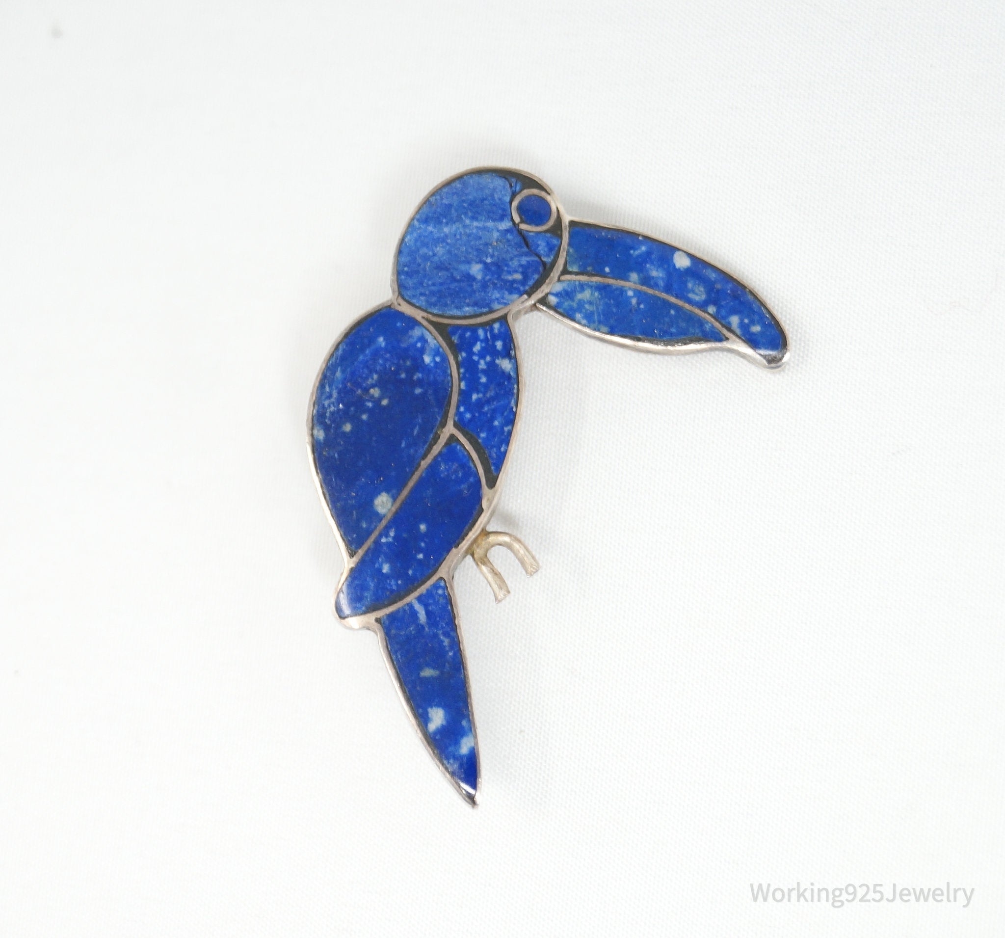 Vintage Handmade Lapis Lazuli Parrot 980 Silver Southwestern Brooch Pendant