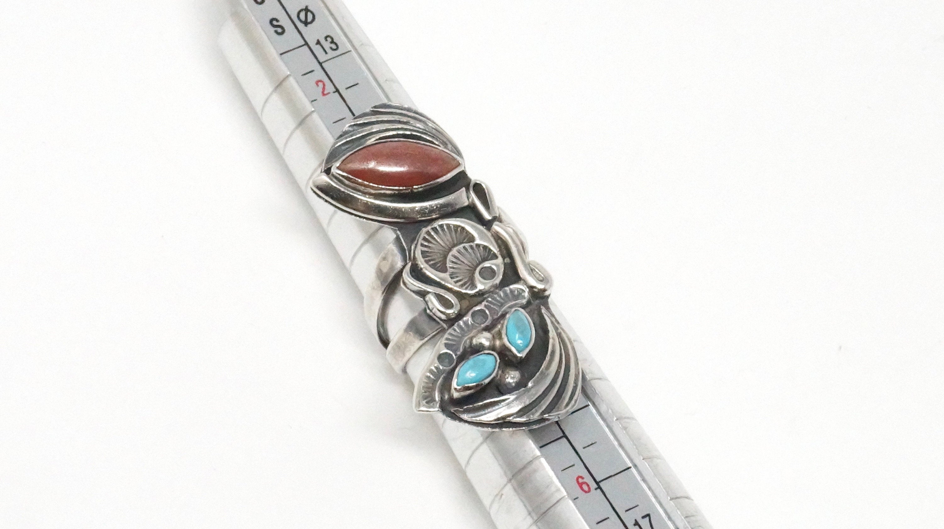 Native American Navajo Roger Skeet RS Turquoise Coral Sterling Silver Ring Sz 4