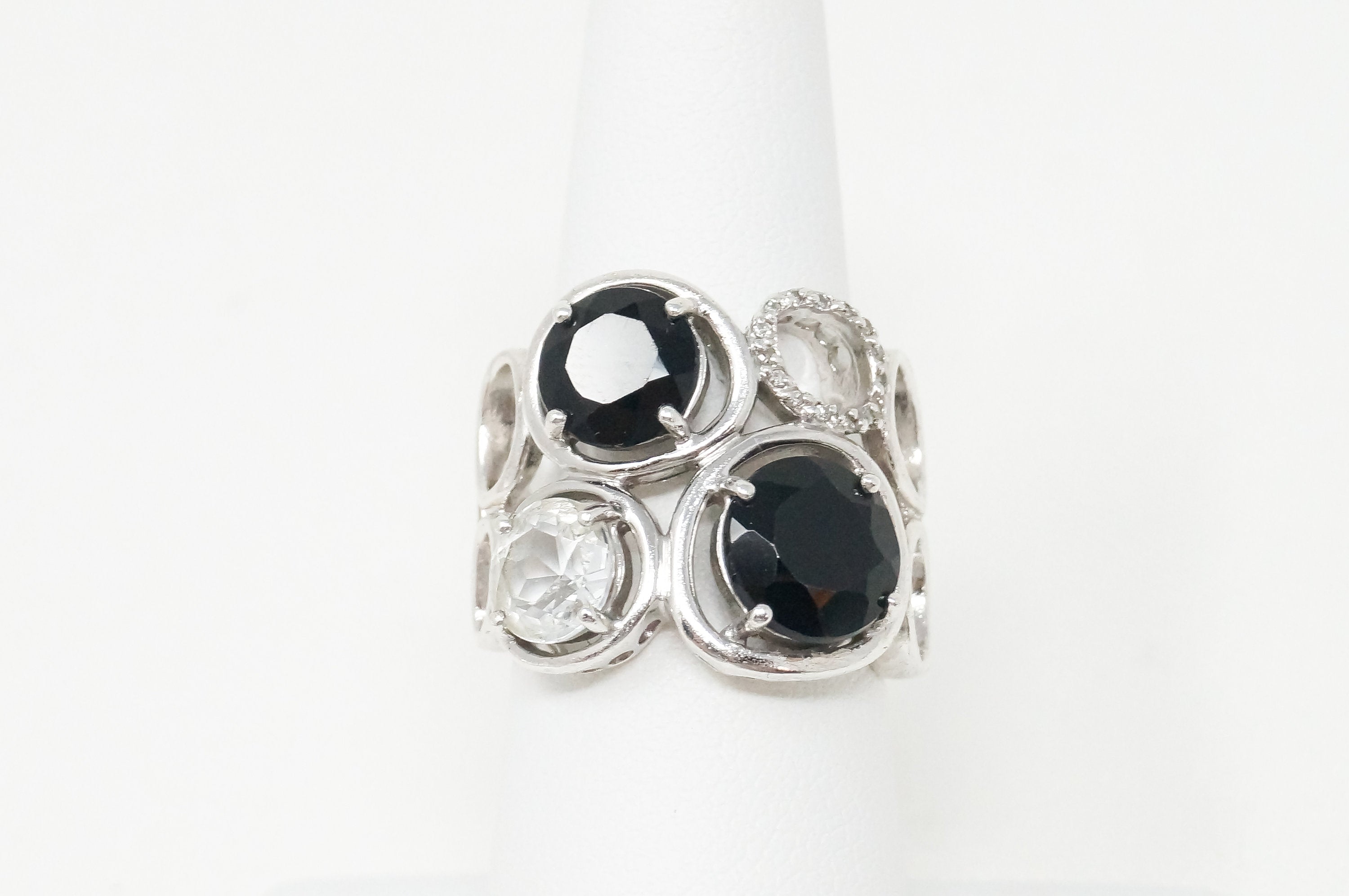 Vintage Art Deco Mid Century Style Black Onyx Cz Sterling Silver Ring - Size 6.5