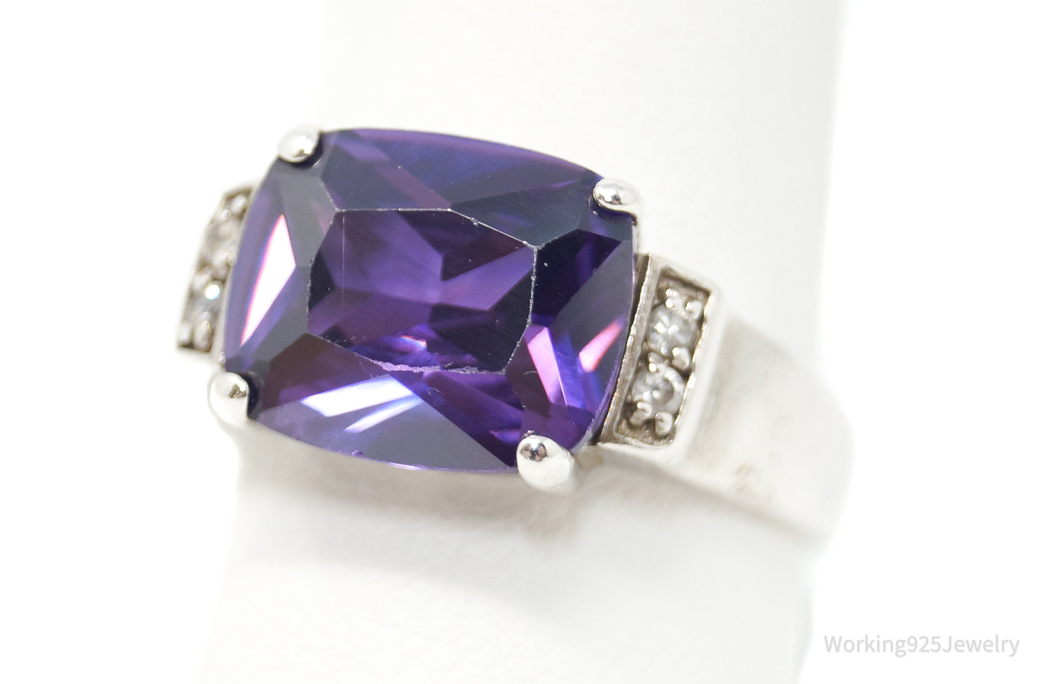 Vintage Art Deco Amethyst CZ Sterling Silver Statement Ring - Sz 10