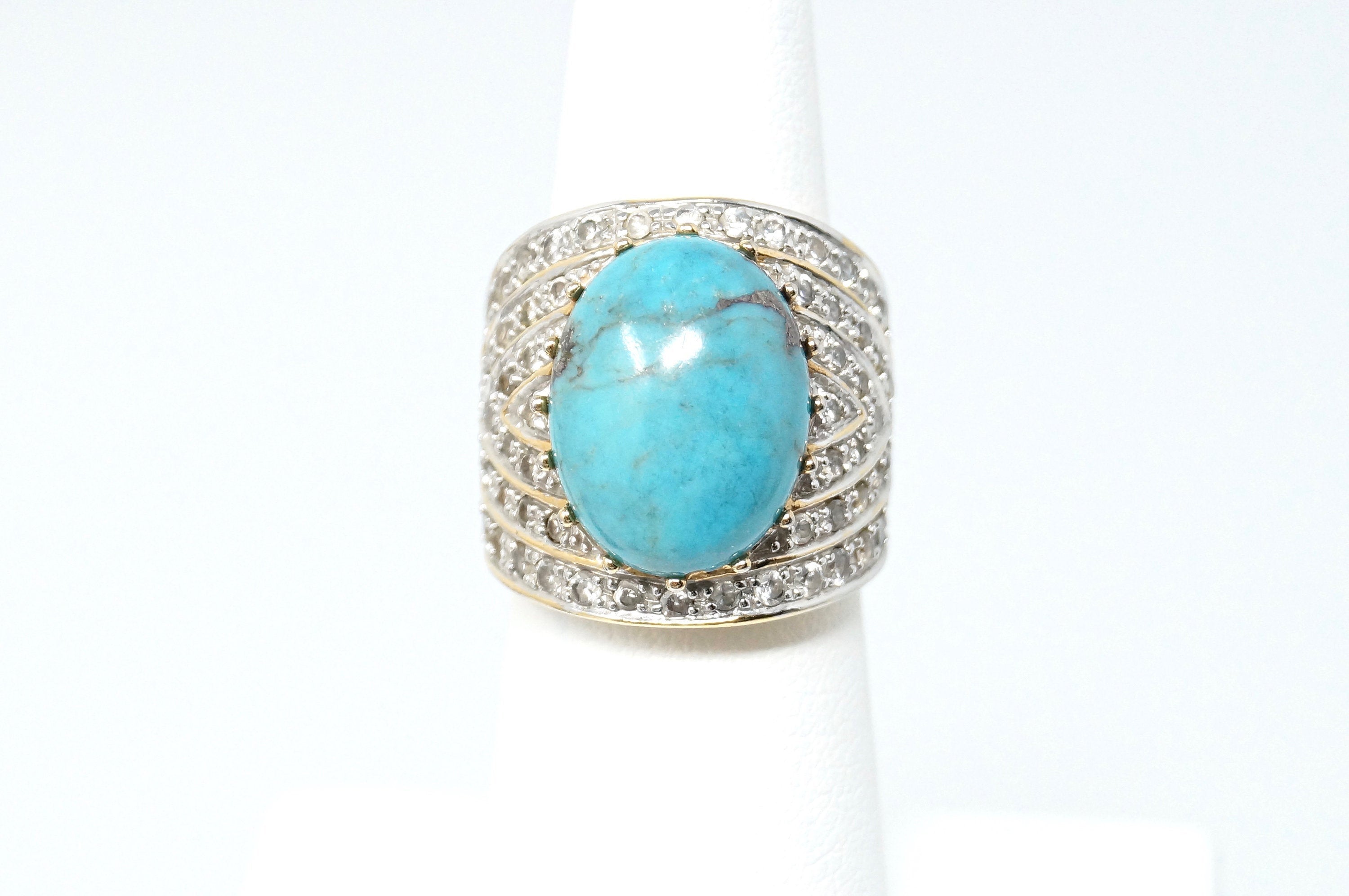 Beautiful Vintage Large Turquoise Cz Gold Vermeil Sterling Silver Ring - Size 6