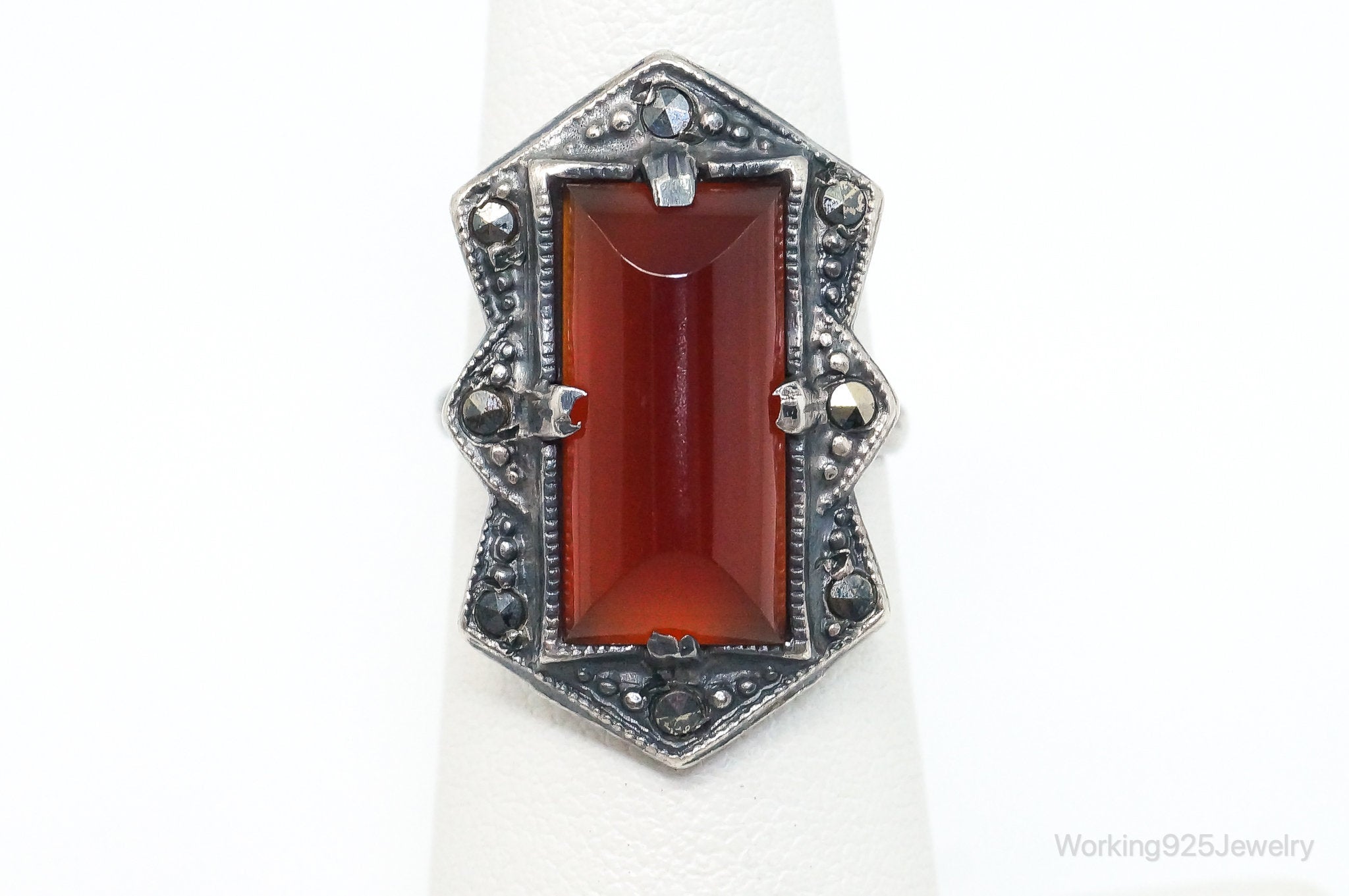 Antique Victorian Carnelian Marcasite Sterling Silver Ring - SZ 4.75