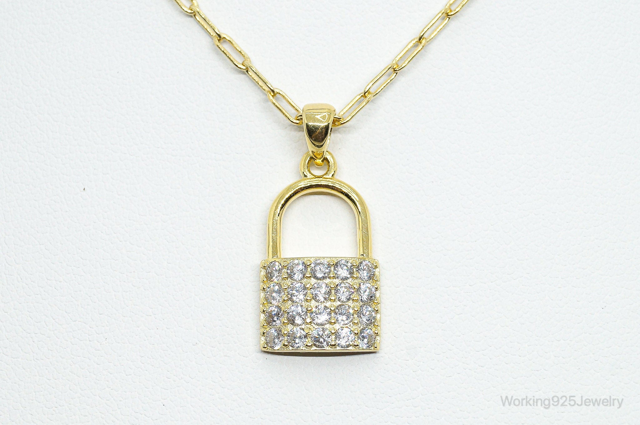 Designer Cubic Zirconia Gold Vermeil Padlock Sterling Silver Necklace