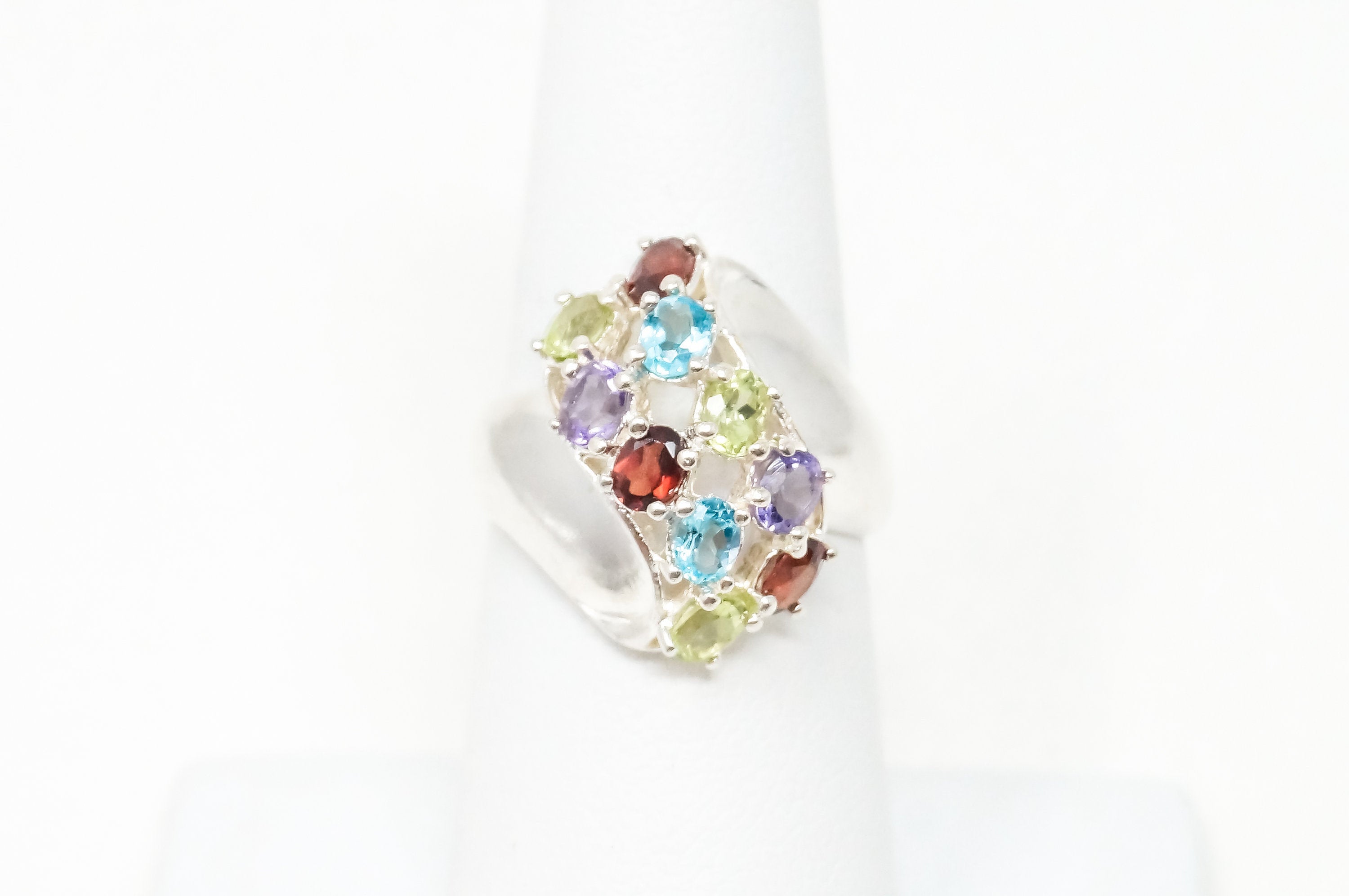 Vintage Art Deco Blue Topaz Amethyst Peridot Garnet Sterling Silver Ring Sz 6.5