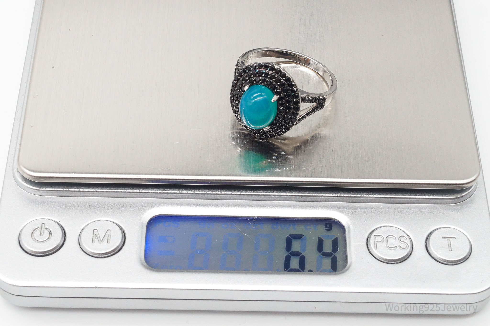 Designer KJC Blue Opal Black Spinel Sterling Silver Ring - Size 9.75