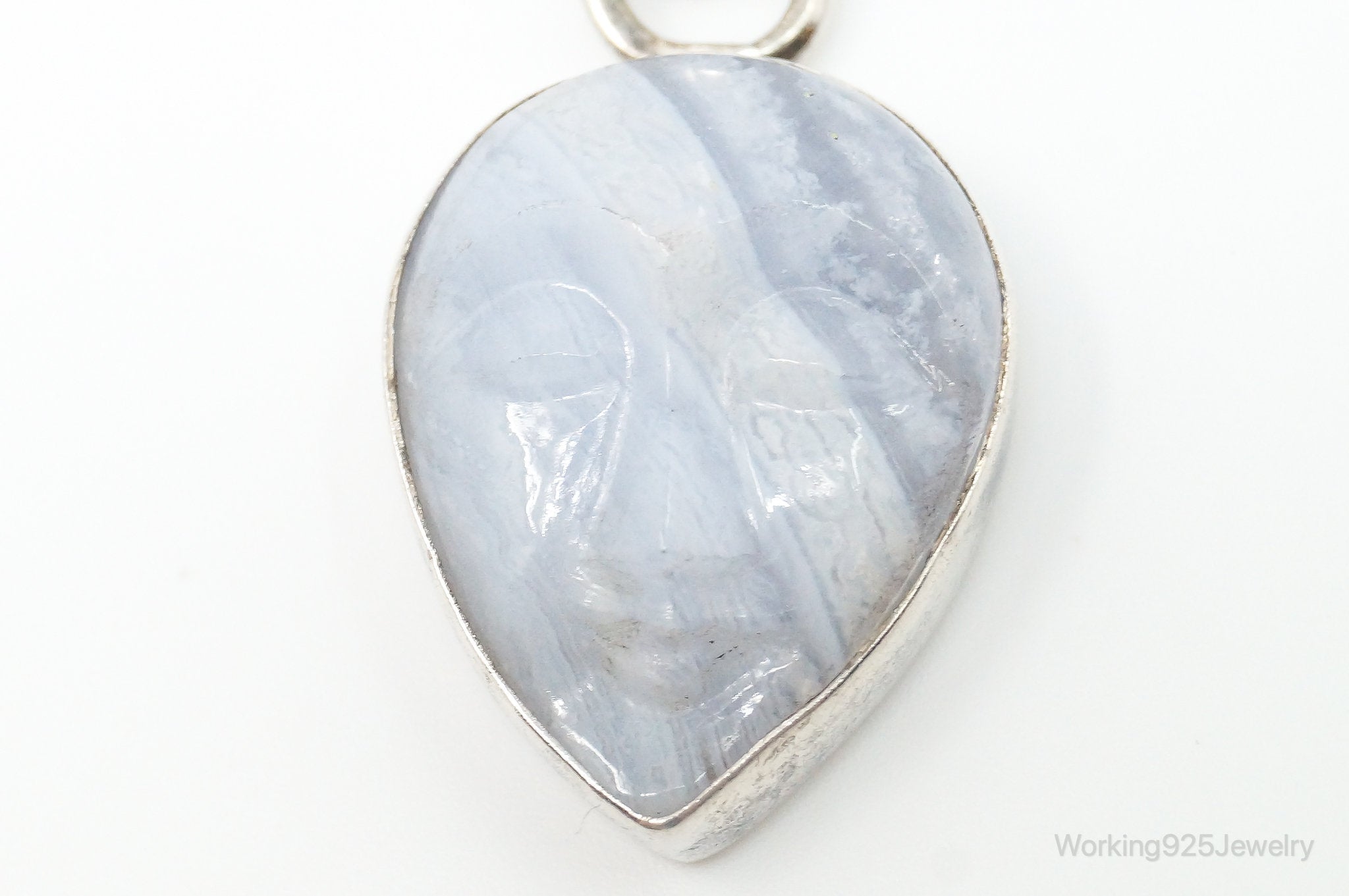 Vintage Blue Lace Agate Moon Face Sterling Silver Pendant